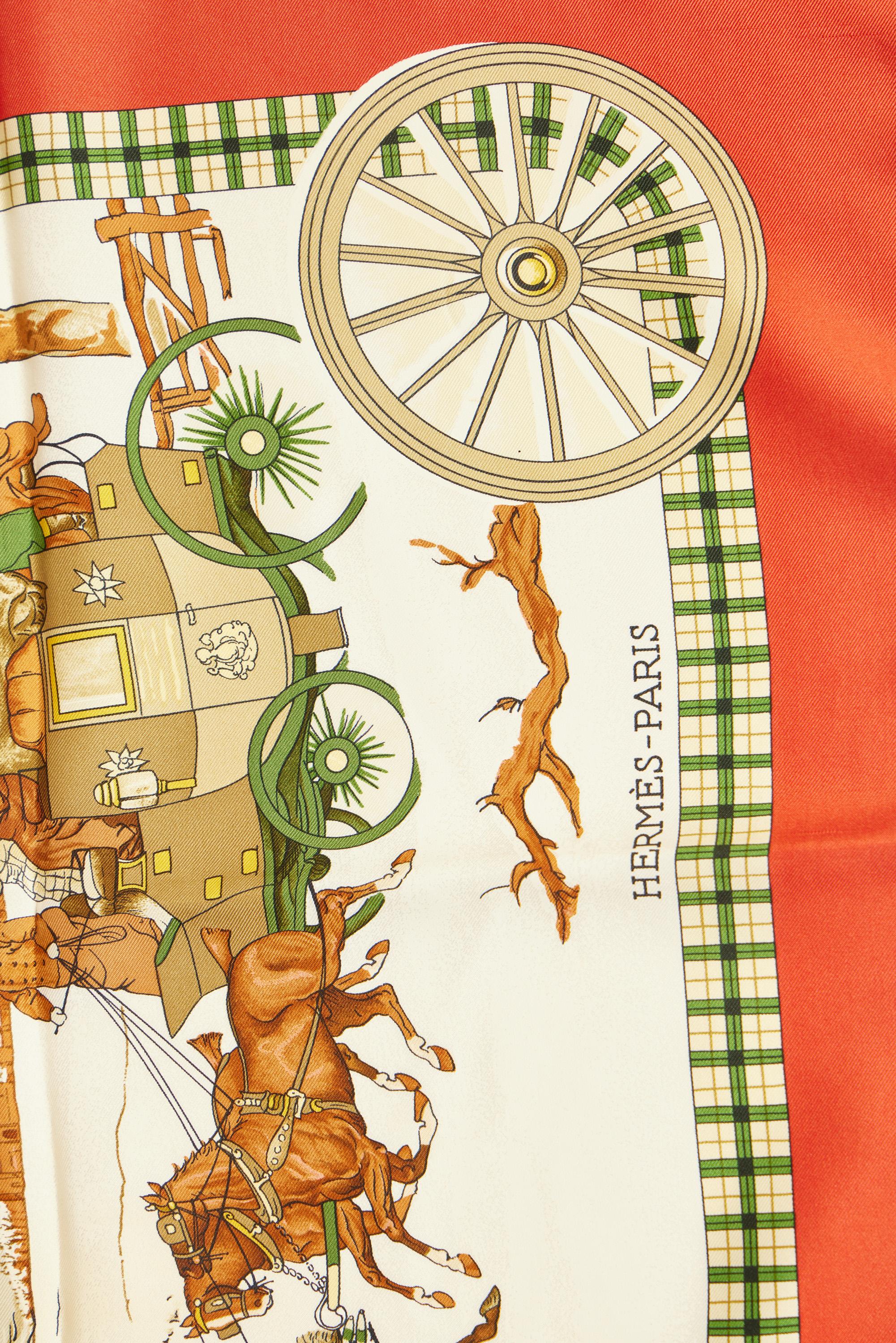 Hermès L'Hiver en Poste red and beige silk scarf. Collectible design by Ledoux. Hand rolled edges.