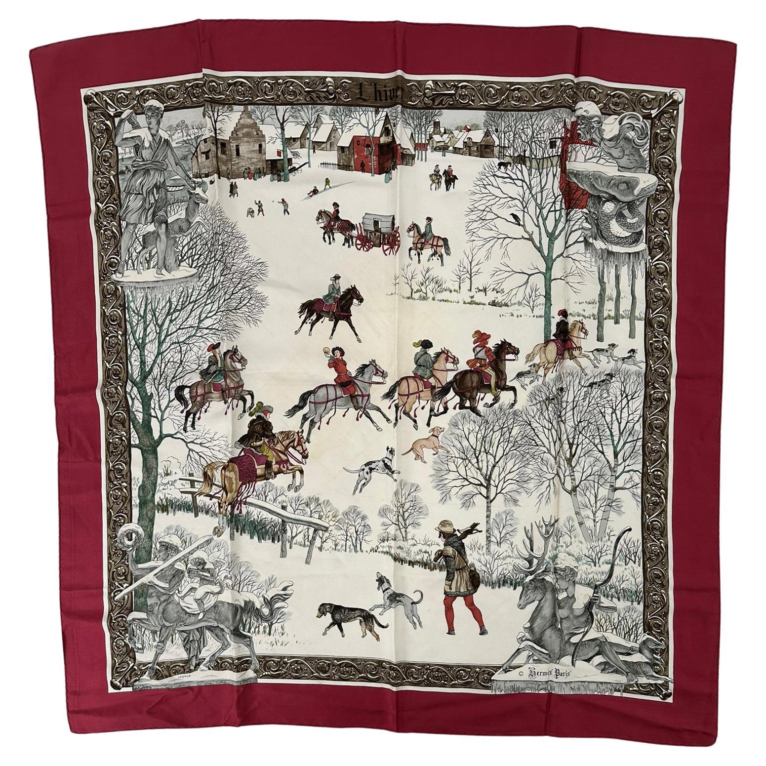 Sciarpa Hermes L'Hiver in twill di seta Design Philipp Ledoux C. 1968 90 cm. in vendita