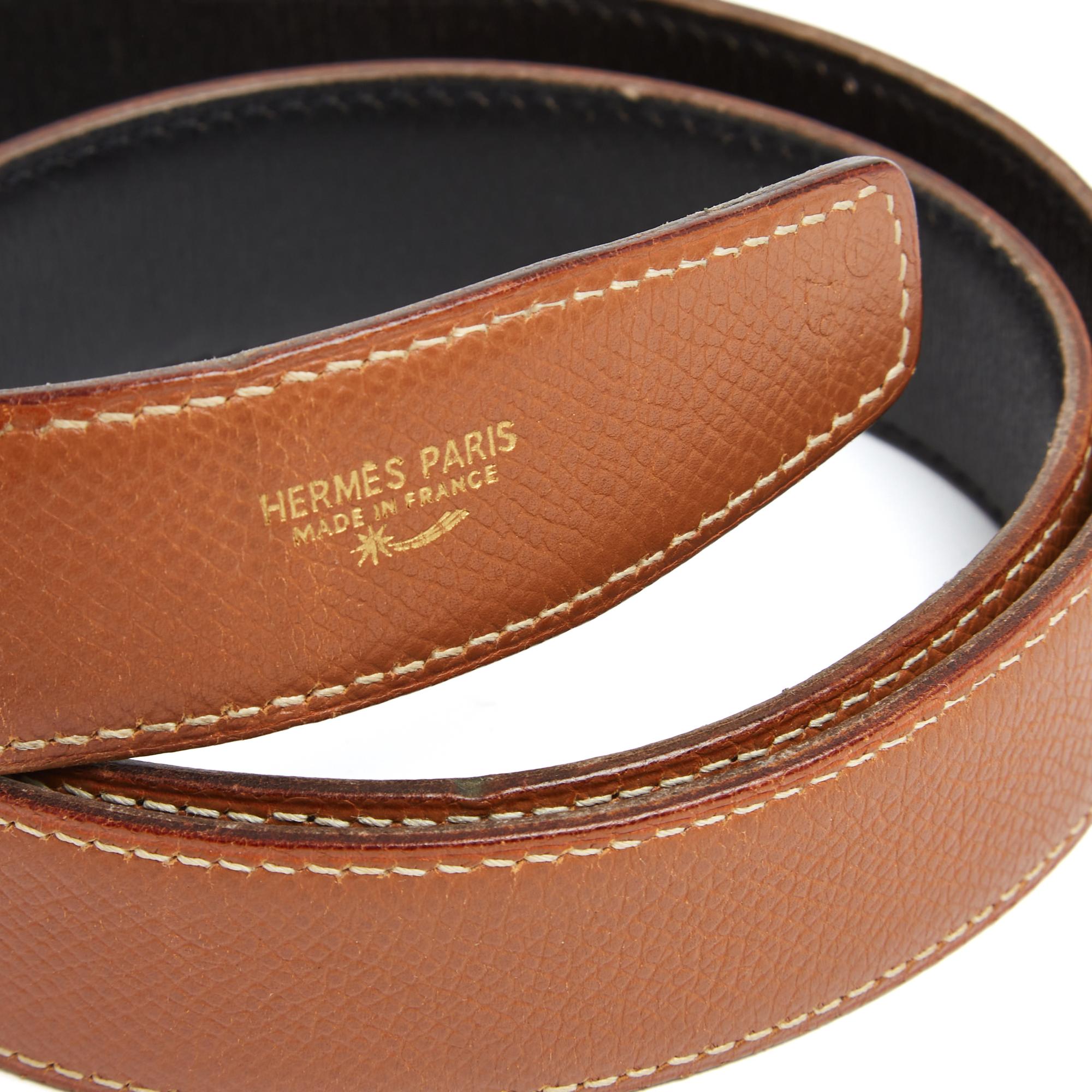 Brown Hermès Lien 32 mm Cuir T67 Belt Gold Black Reversible Leather Strap US26 Hermes For Sale