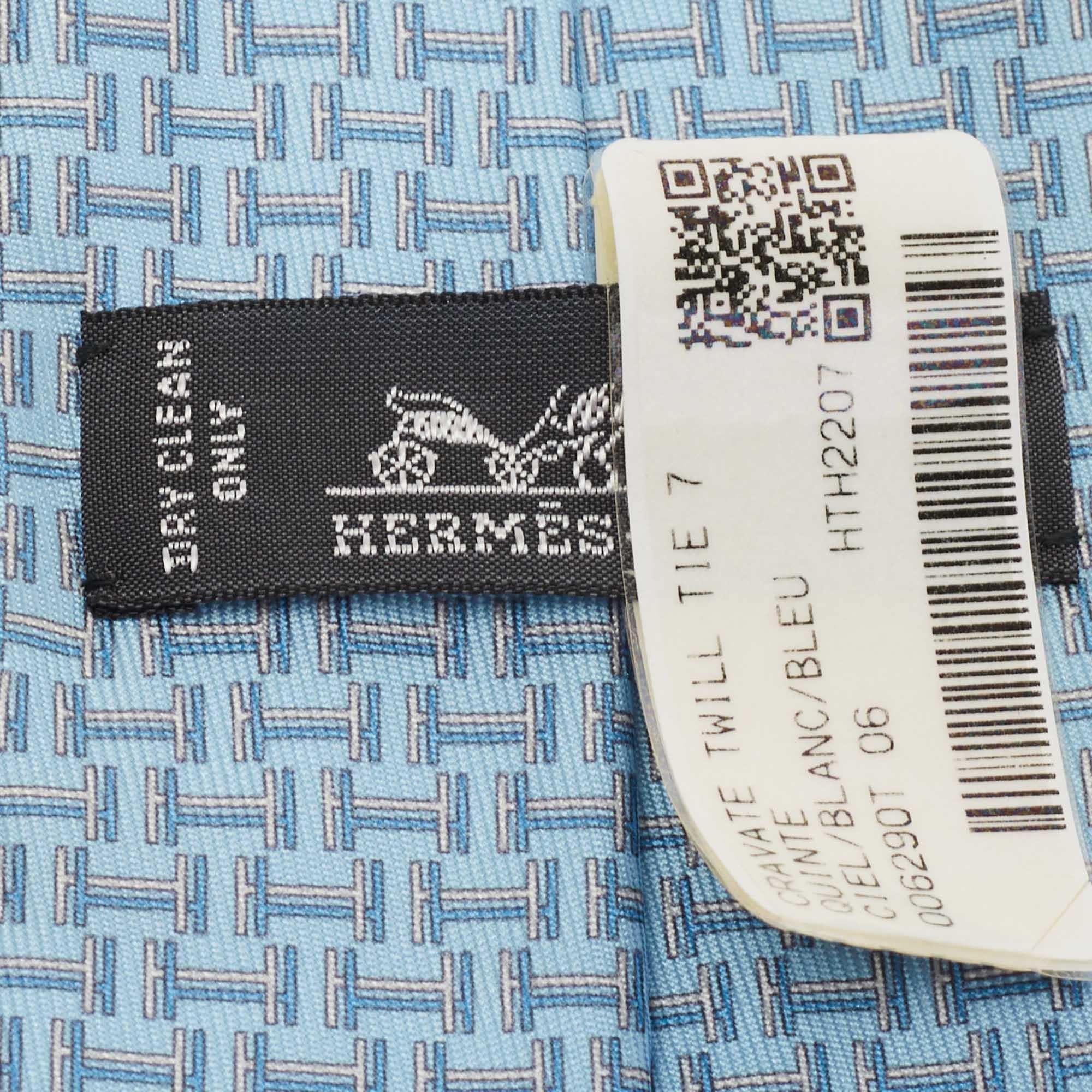 Men's Hermès Light Blue H Quinte Printed Silk Slim Tie