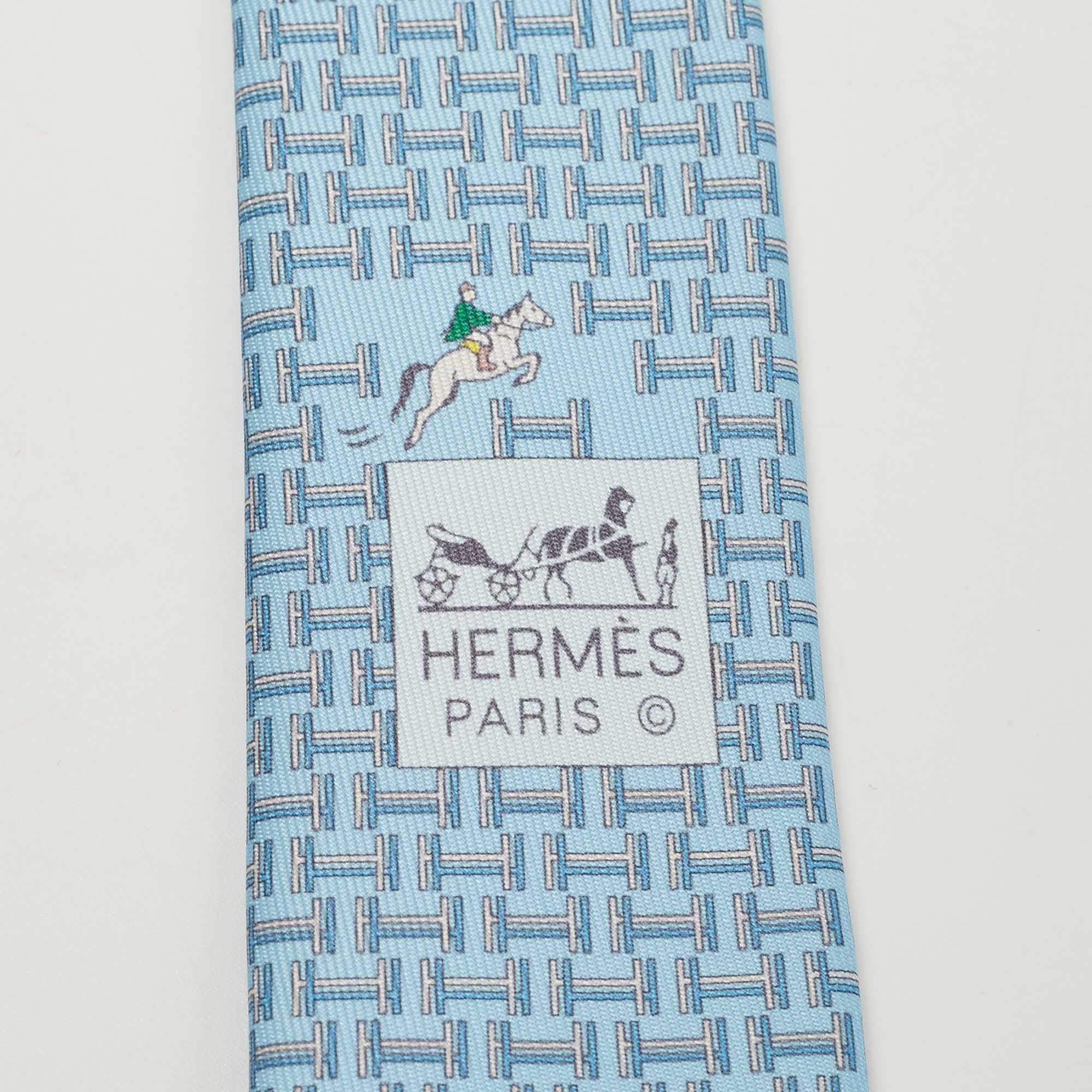 Hermès Light Blue H Quinte Printed Silk Slim Tie 1