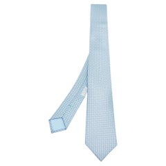 Cravate fine en soie imprimée H Quinte, bleu Light, Hermès