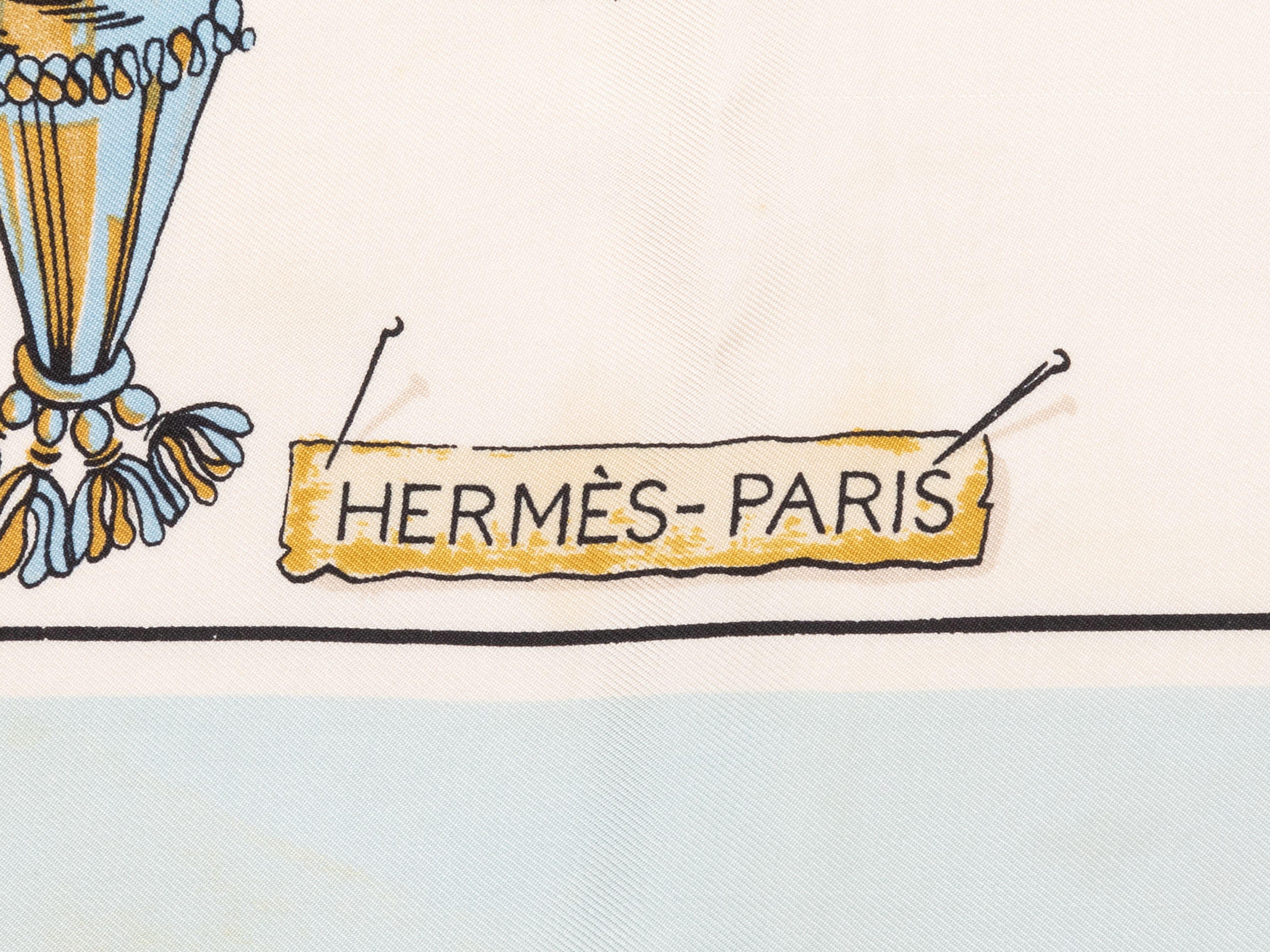 Product Details: Light blue and multicolor Passementerie printed silk scarf by Hermes. 34