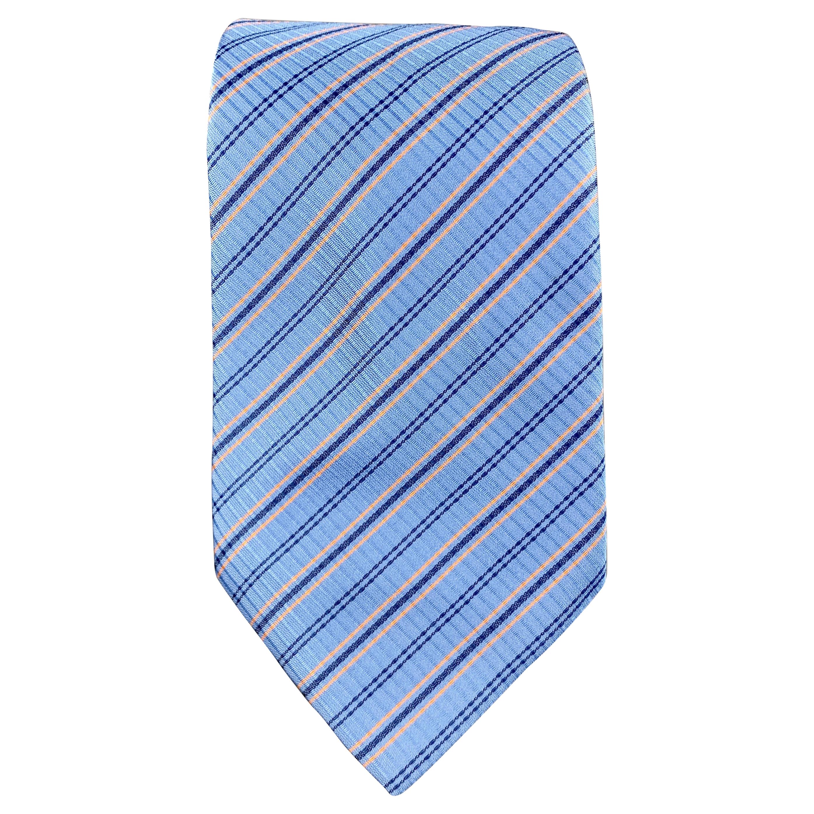 HERMES Light Blue & Orange Diagonal Stripe Plaid Silk Tie