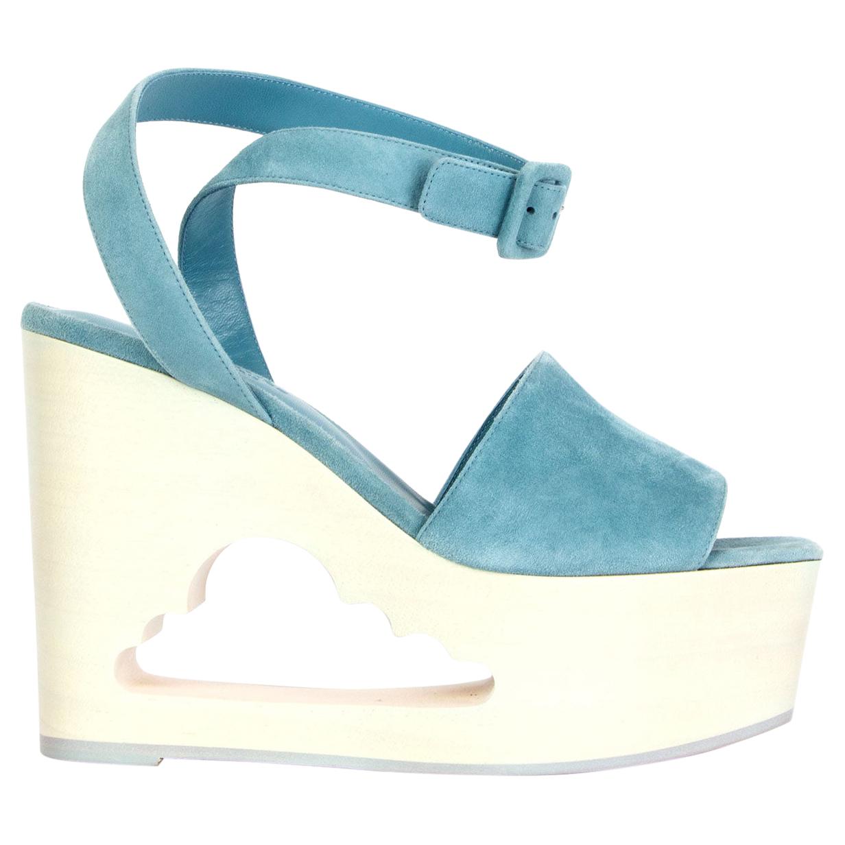 HERMES light blue suede TENDRESSE Cloud Wedge Platform Sandals Shoes 38.5