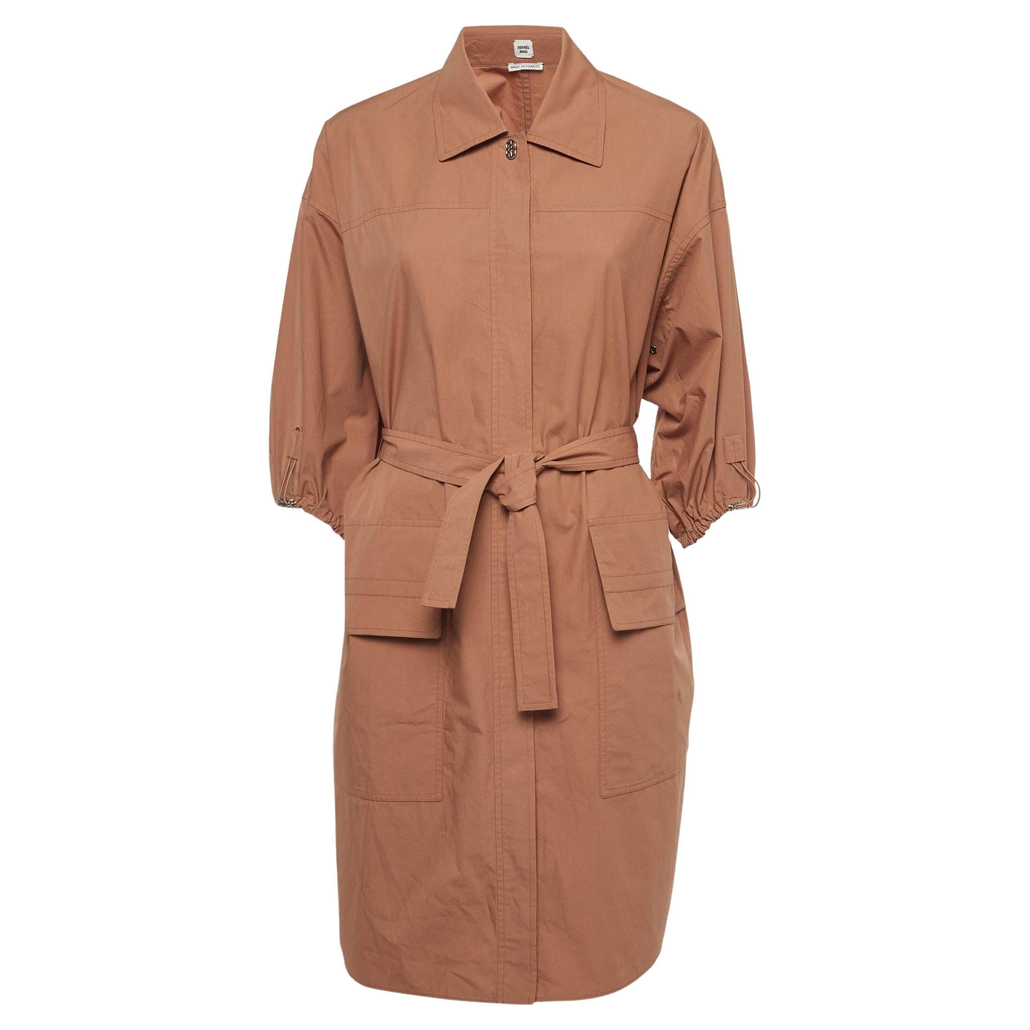 Hermès Light Brown Cotton Belted Short Dress S For Sale