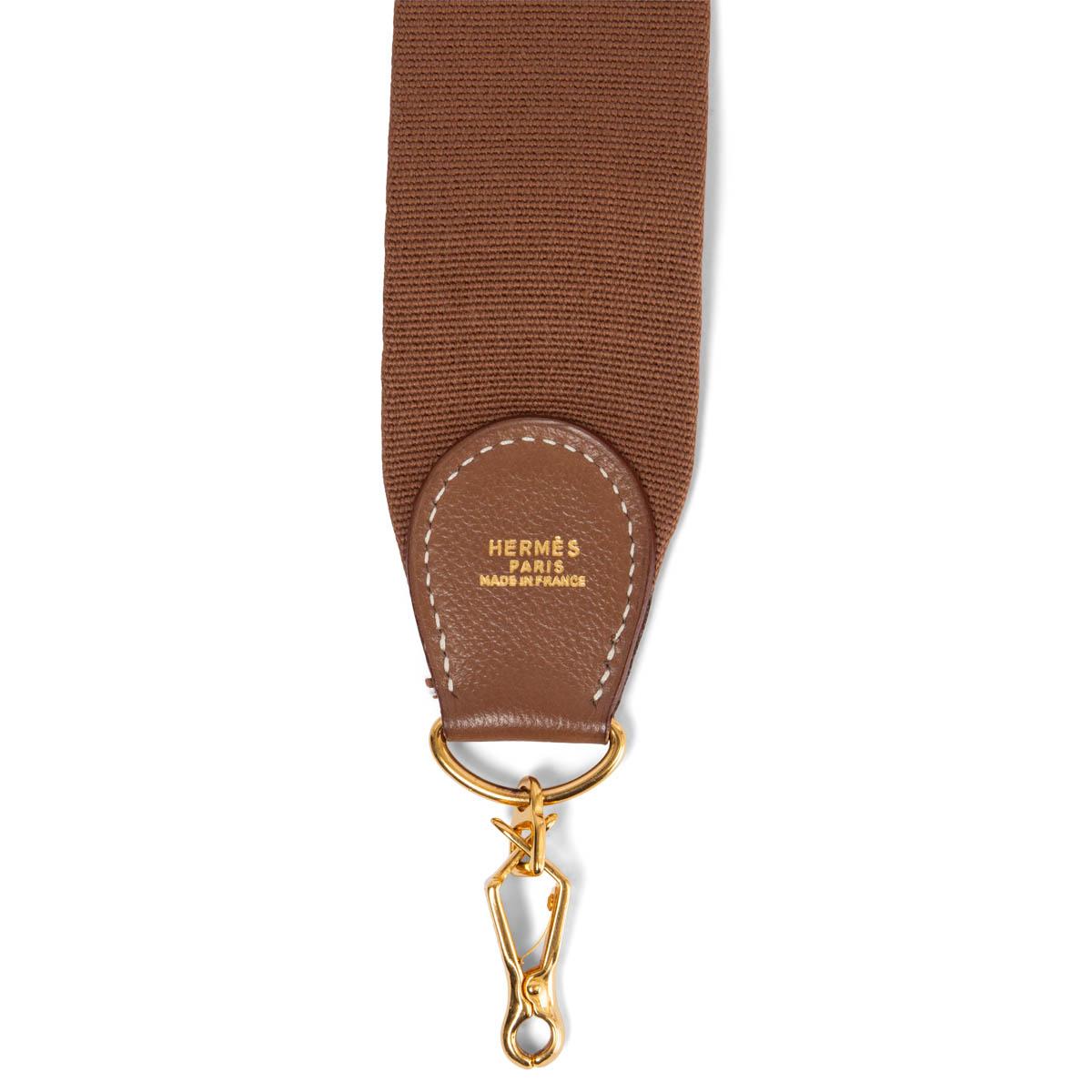 Marron Hermès - Sac à bandoulière SANGLE KELLY en cuir et toile marron clair, 50 mm en vente