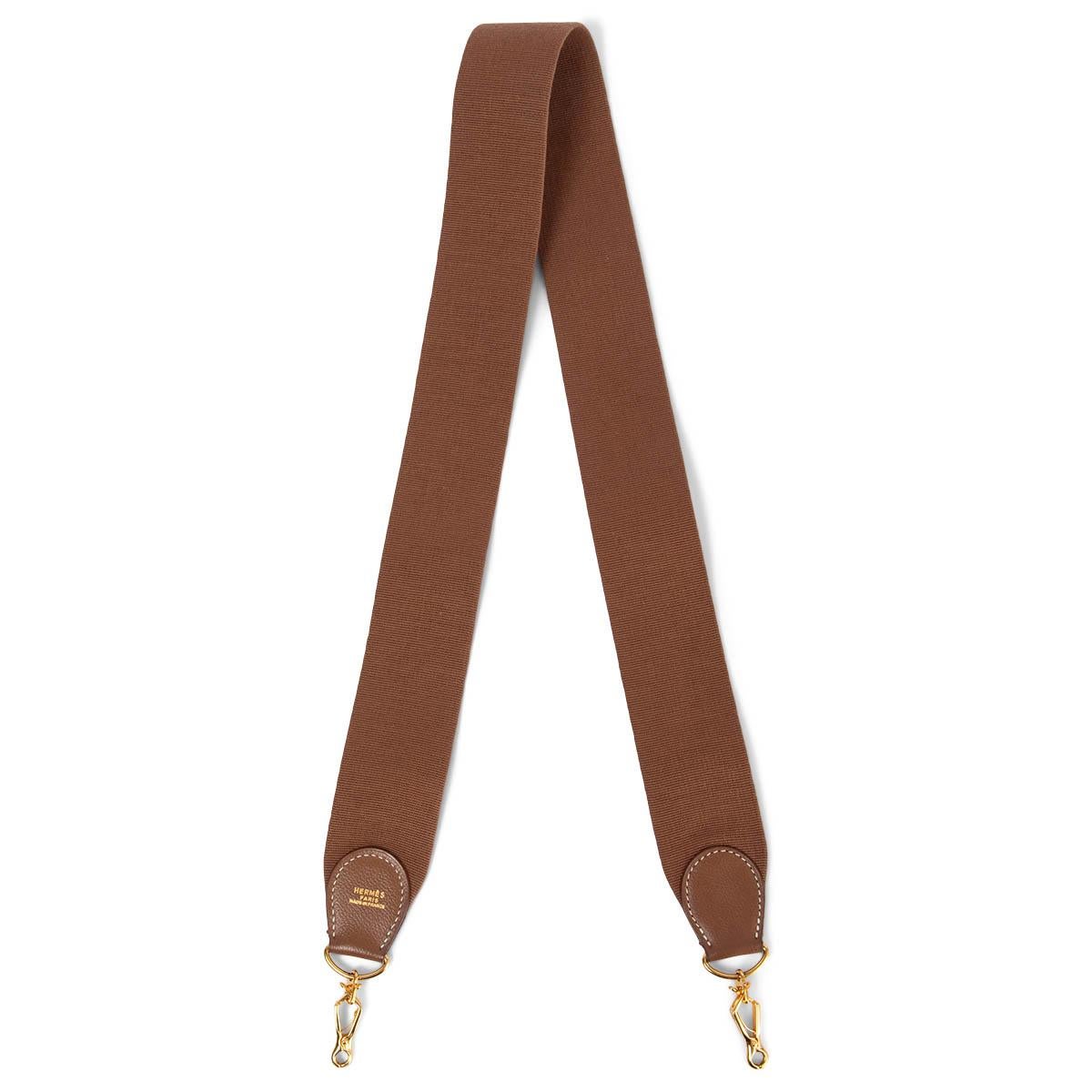 HERMES light brown leather & canvas SANGLE KELLY 50mm Bag Strap For Sale