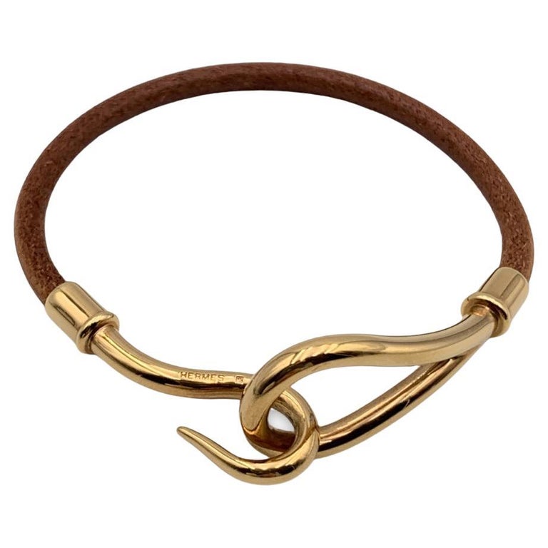 Hermes Light Brown Leather Gold Metal Jumbo Hook Bracelet For Sale at