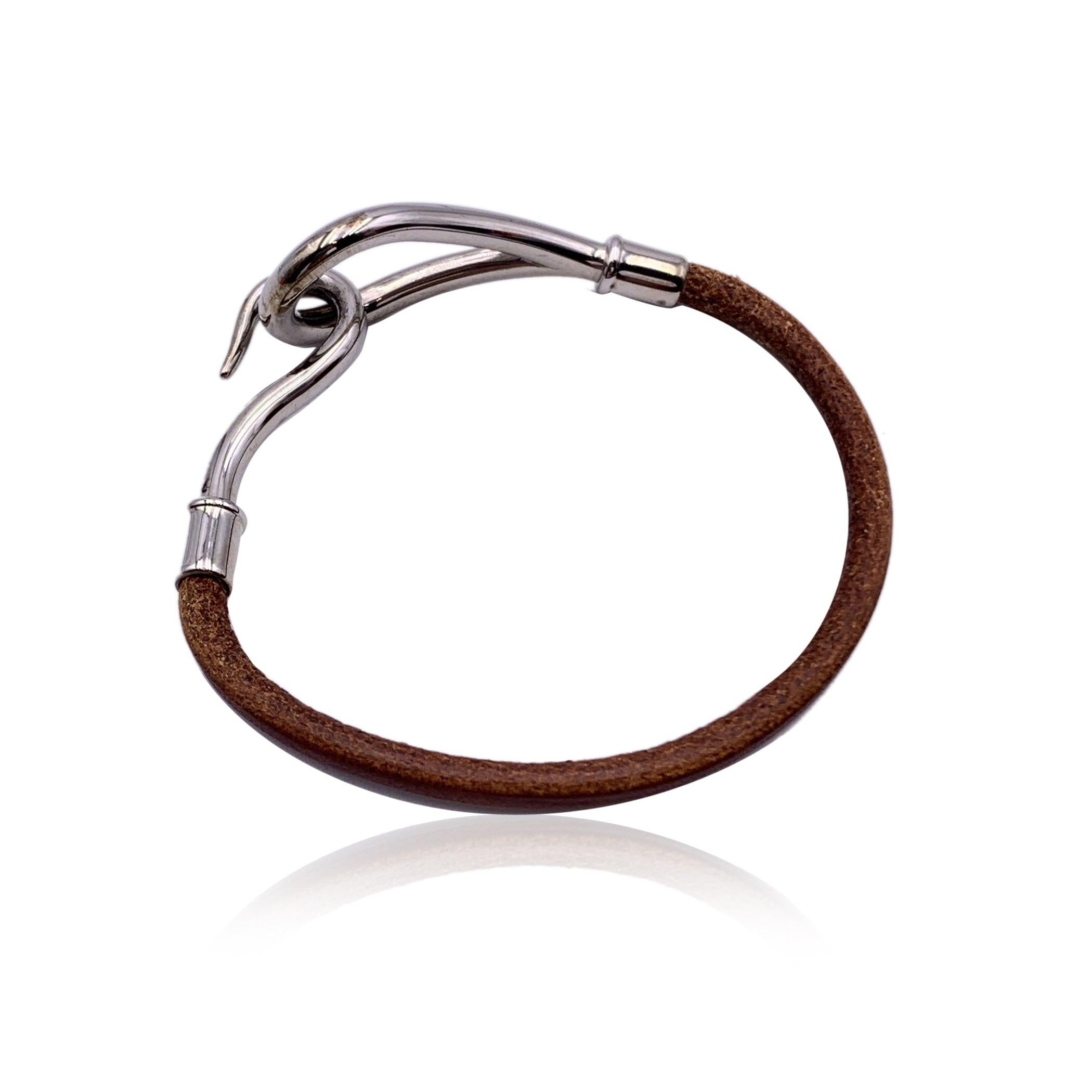 Hermes Light Brown Leather Silver Metal Jumbo Hook Bracelet In Excellent Condition In Rome, Rome