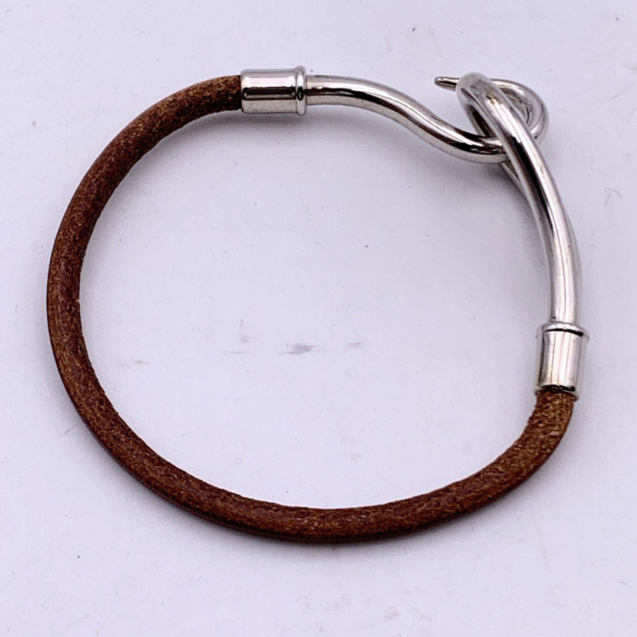 Hermes Light Brown Leather Silver Metal Jumbo Hook Bracelet 1
