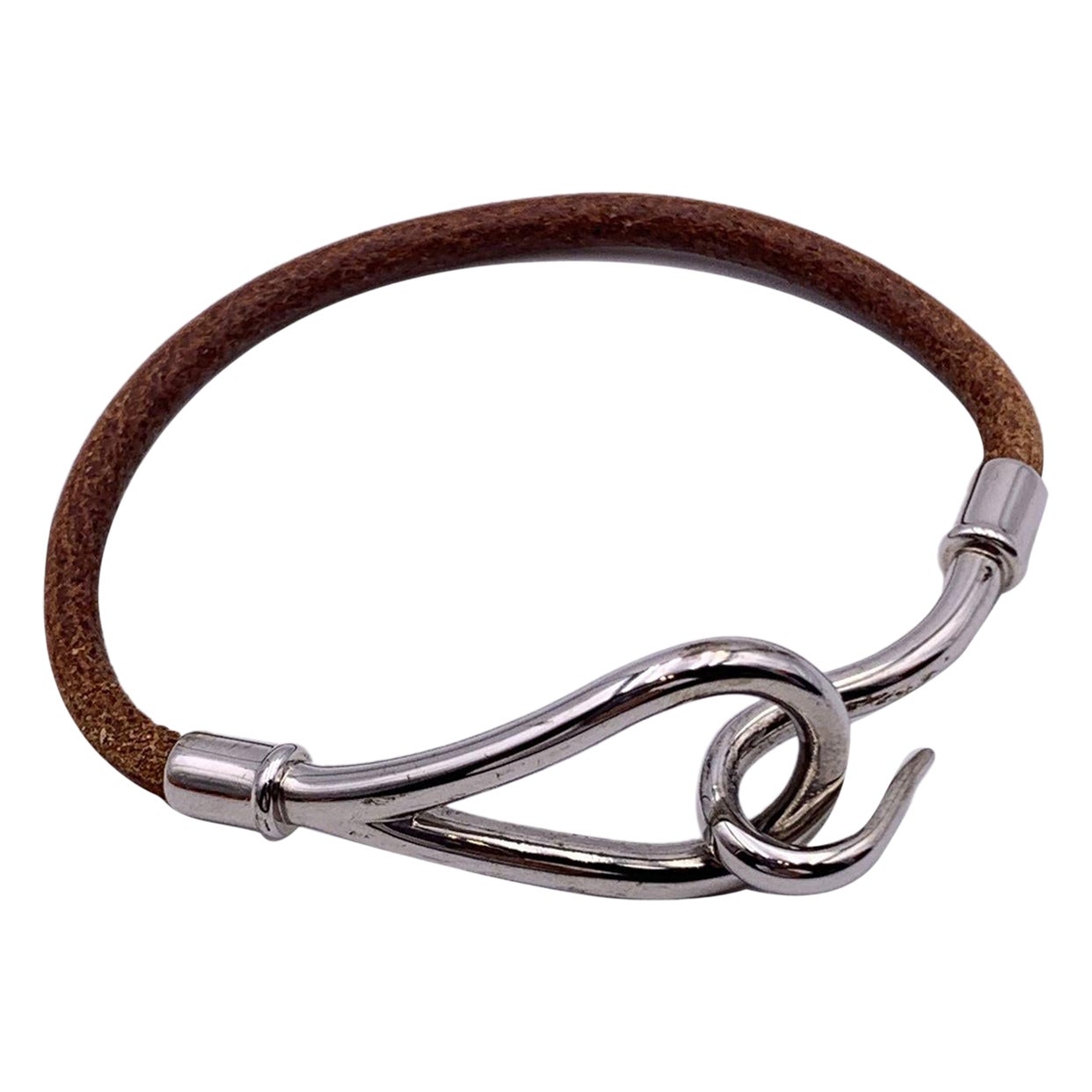 Hermes Light Brown Leather Silver Metal Jumbo Hook Bracelet