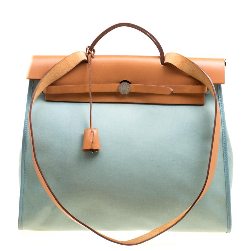 Hermes Light Green Canvas and Leather Herbag Zip 39 Bag