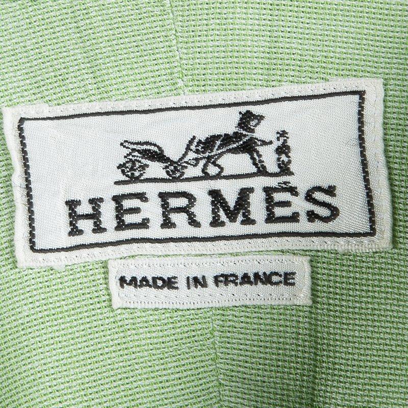 Men's Hermes Light Green Cotton Textured Long Sleeve Button Down Shirt L