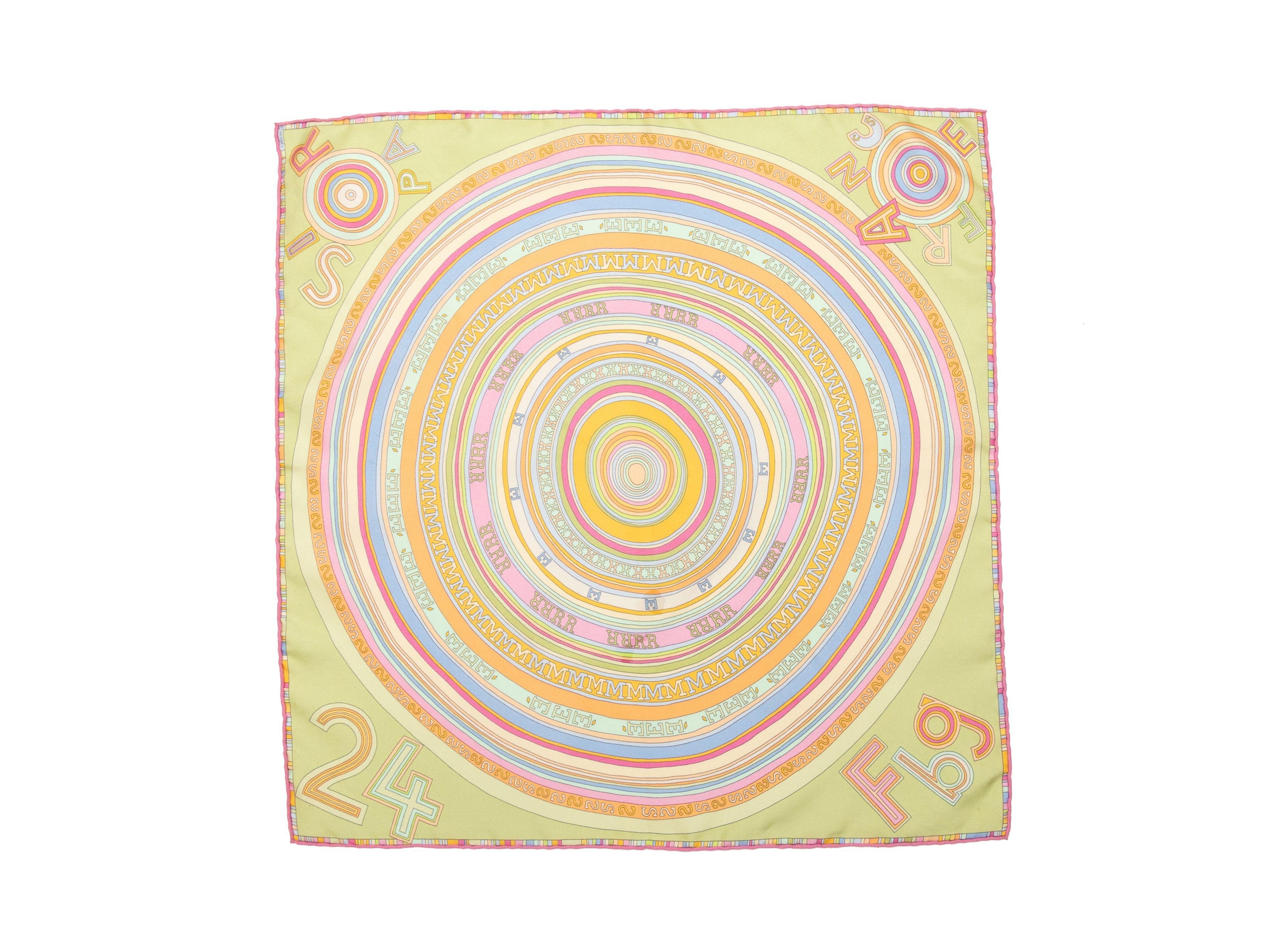 Hermes Light Green & Multicolor '24 FBG Paris France' Motif Silk Scarf In Good Condition In New York, NY