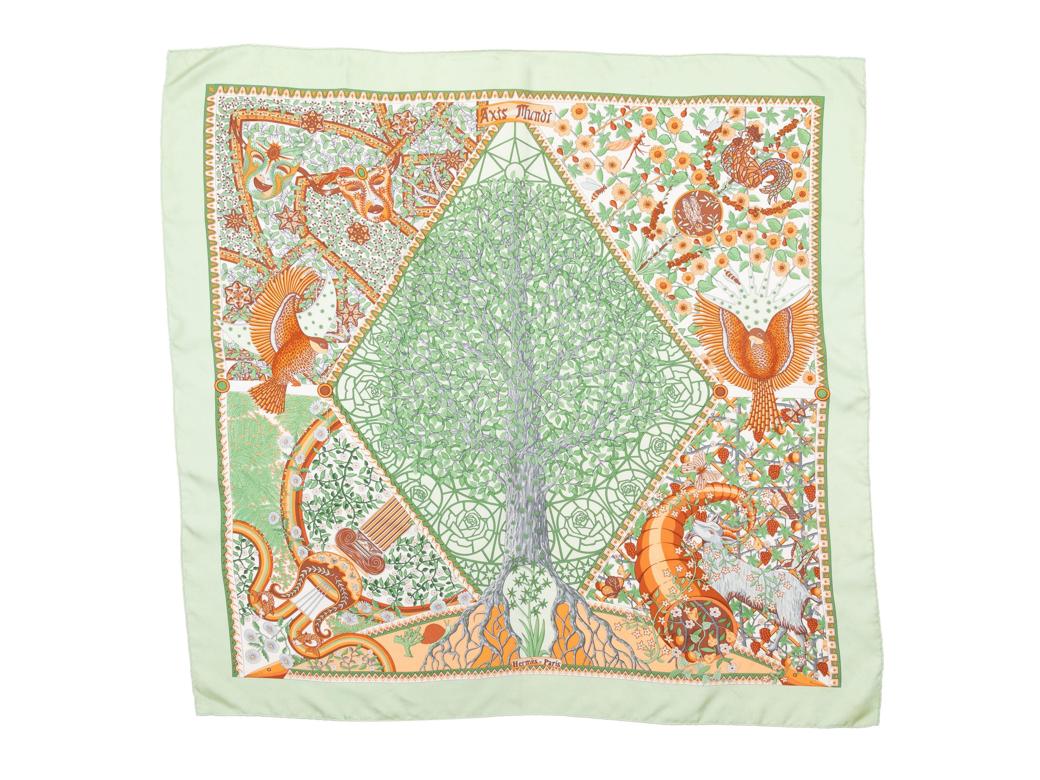 Product Details: Light green and multicolor silk Axis Mundi motif print scarf by Hermes. 34