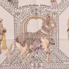 HERMES light grey silk LA DANSE DU CHEVAL MARWARI 90 Twill Scarf