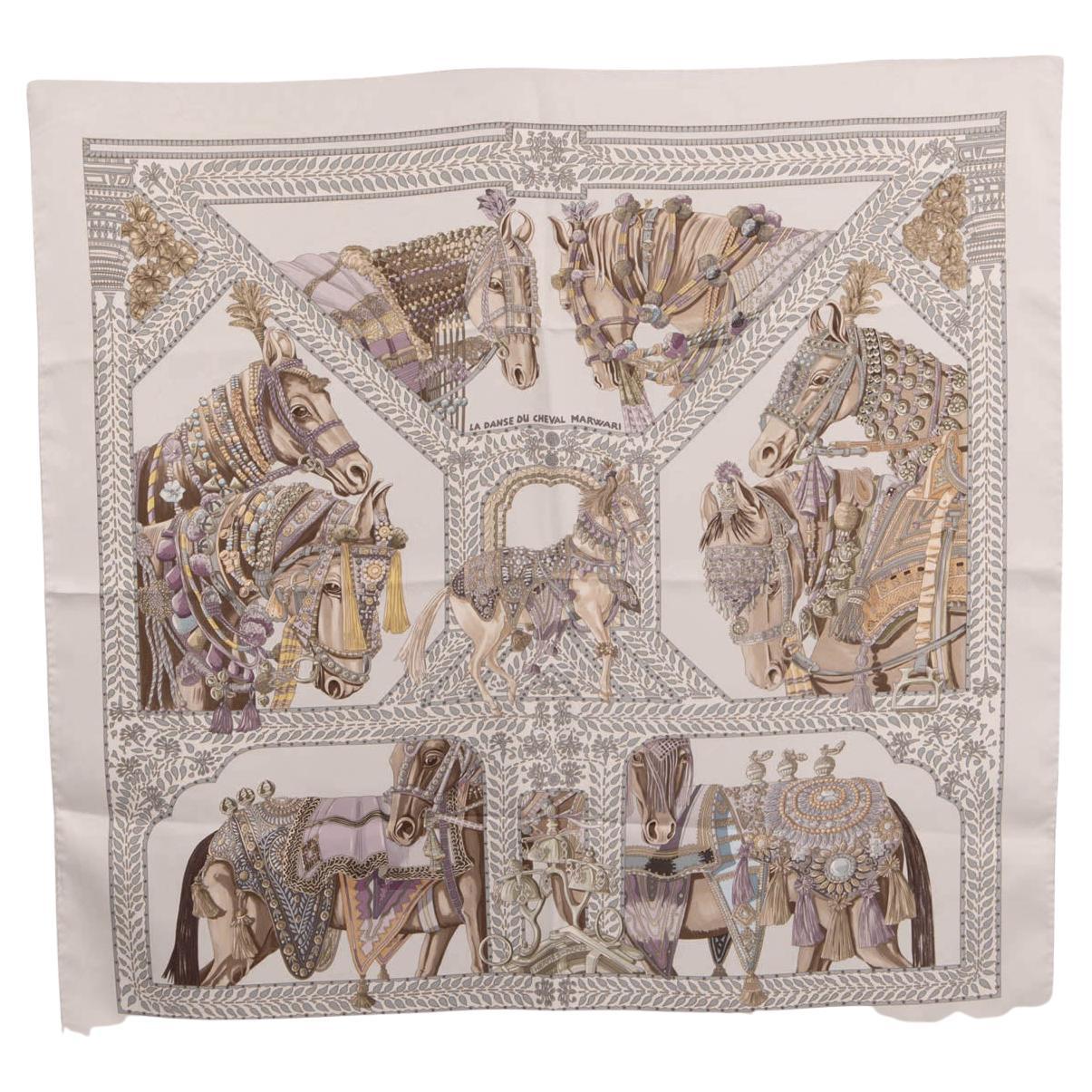 HERMES light grey silk LA DANSE DU CHEVAL MARWARI 90 Twill Scarf For Sale