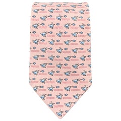 HERMES Light Pink & Blue Pelican & Fish Print Silk Tie