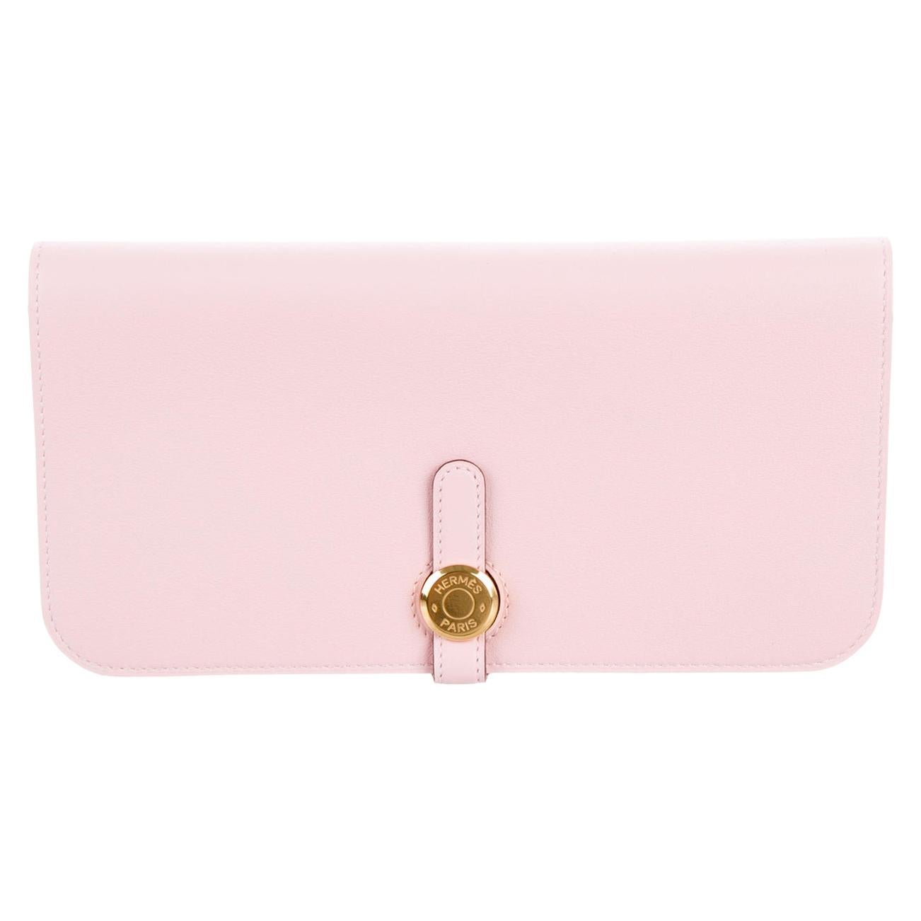 Hermes Light Pink Leather Gold Envelope Evening Clutch Wallet in Box