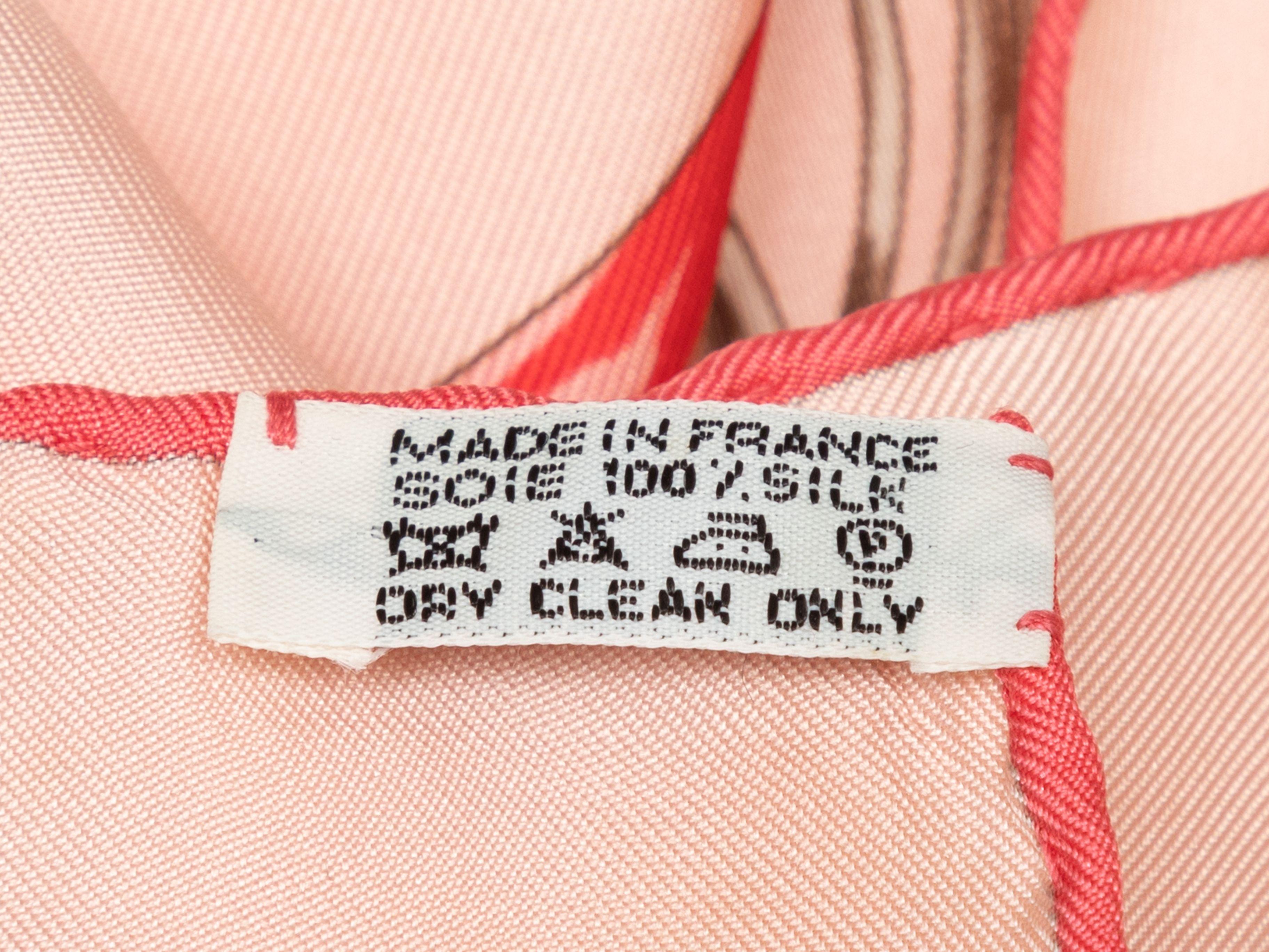 Product Details: Light pink and multicolor silk Alliances du Monde motif print scarf by Hermes. 34