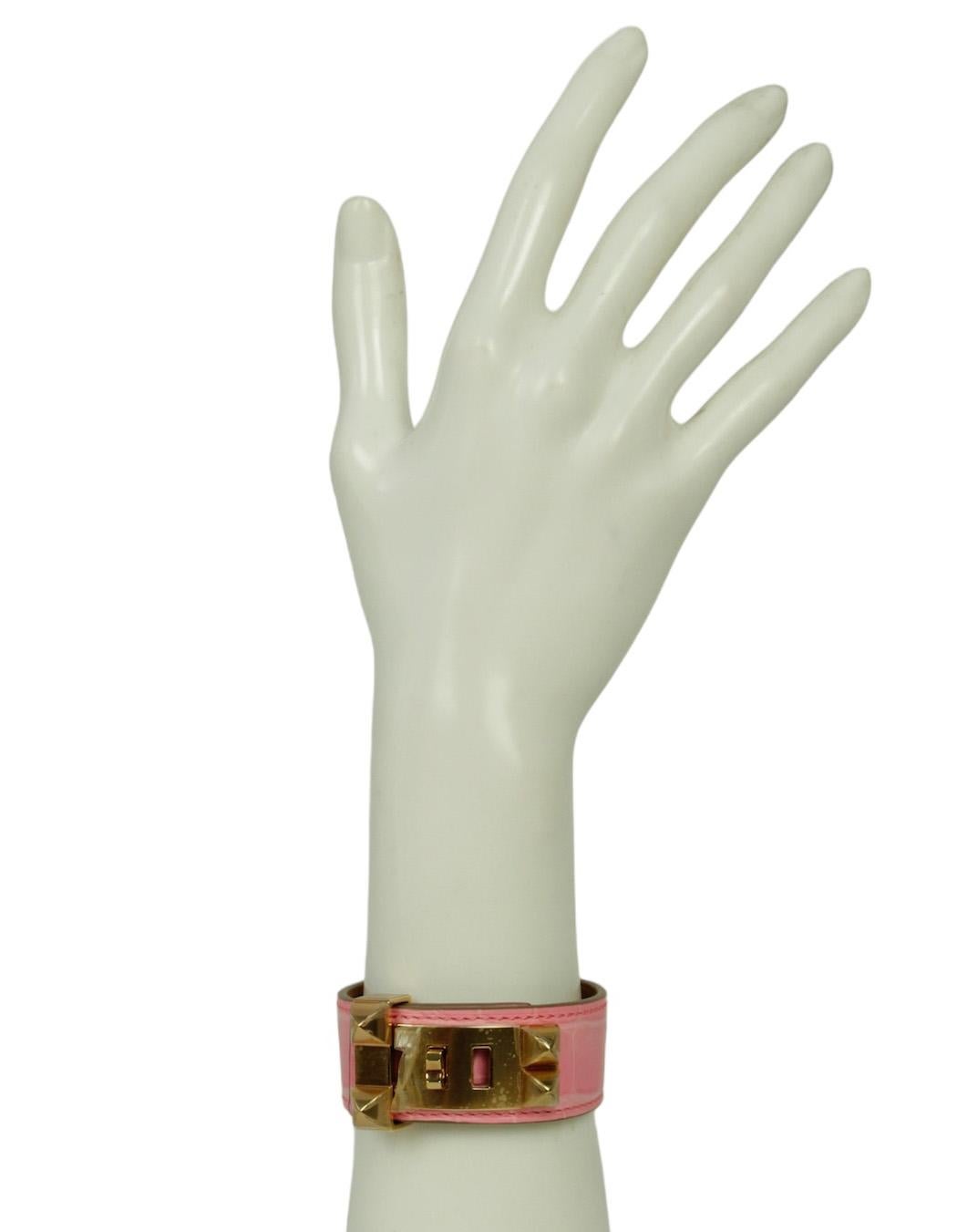 Hermes Light Pink/Rose Gold Crocodile Niloticus Matte Collier de Chien 24 Bracelet sz T3

Made In: France
Year of Production: 2021
Color: Light pink/ rose gold 
Materials: Metal, crocodile niloticus, leather
Overall Condition: Excellent, like new