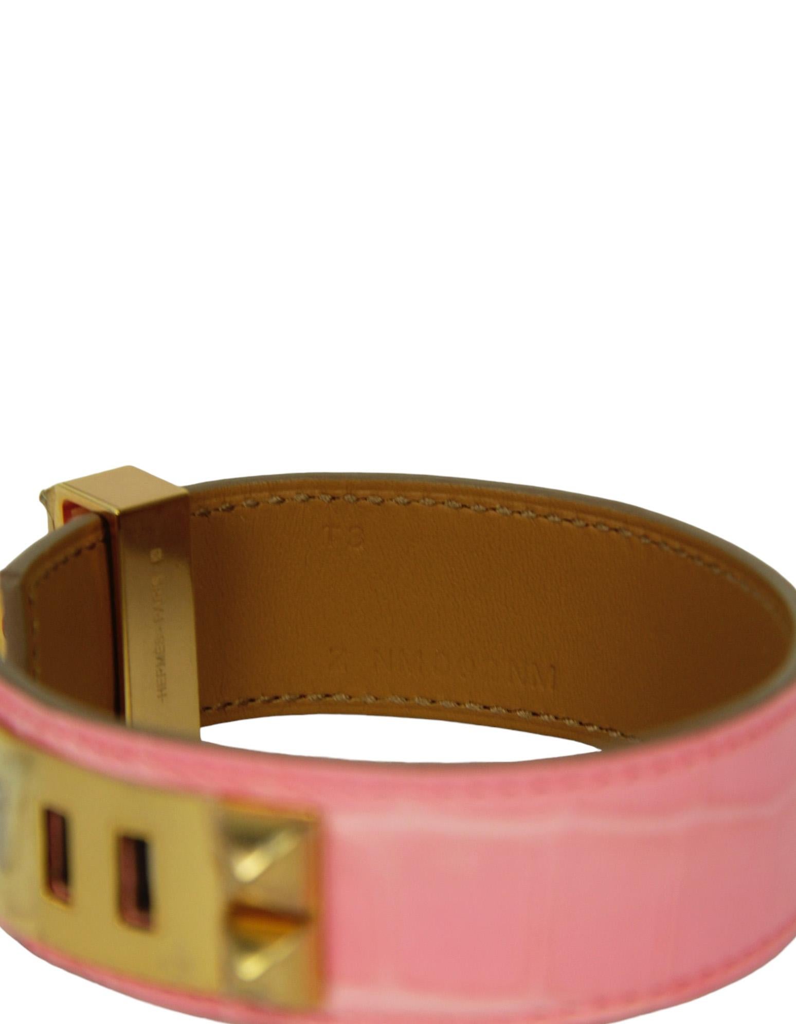 Hermes Light Pink/Rose Gold Crocodile Collier de Chien 24 Bracelet sz T3 For Sale 1