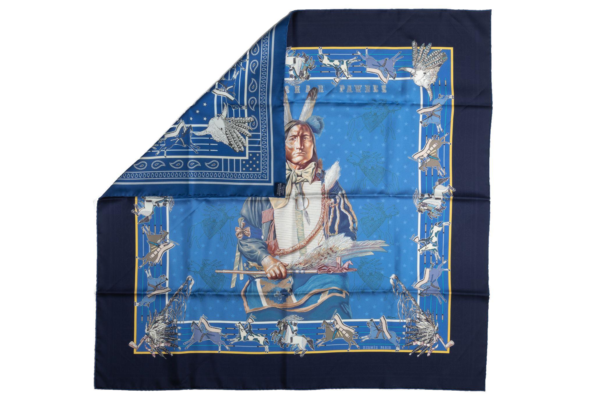 Hermès silk twill Pani La Shar Pawnee 90cm scarf in turquoise with blue color. Designed by artist Kermit Oliver. Limited edition reissue 