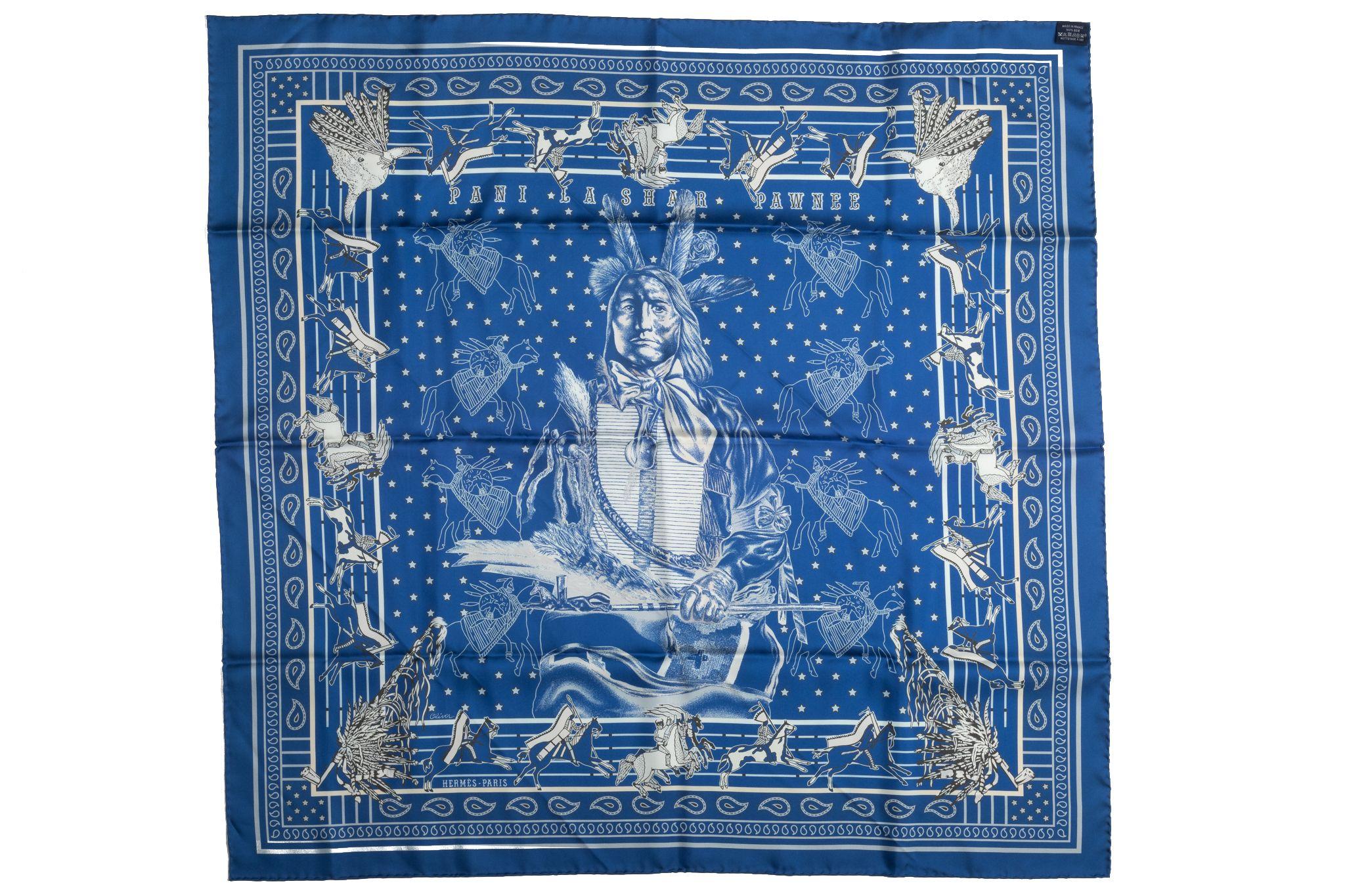 Blue Hermès Lim. Ed. Pawnee Bandana Scarf New in Box For Sale