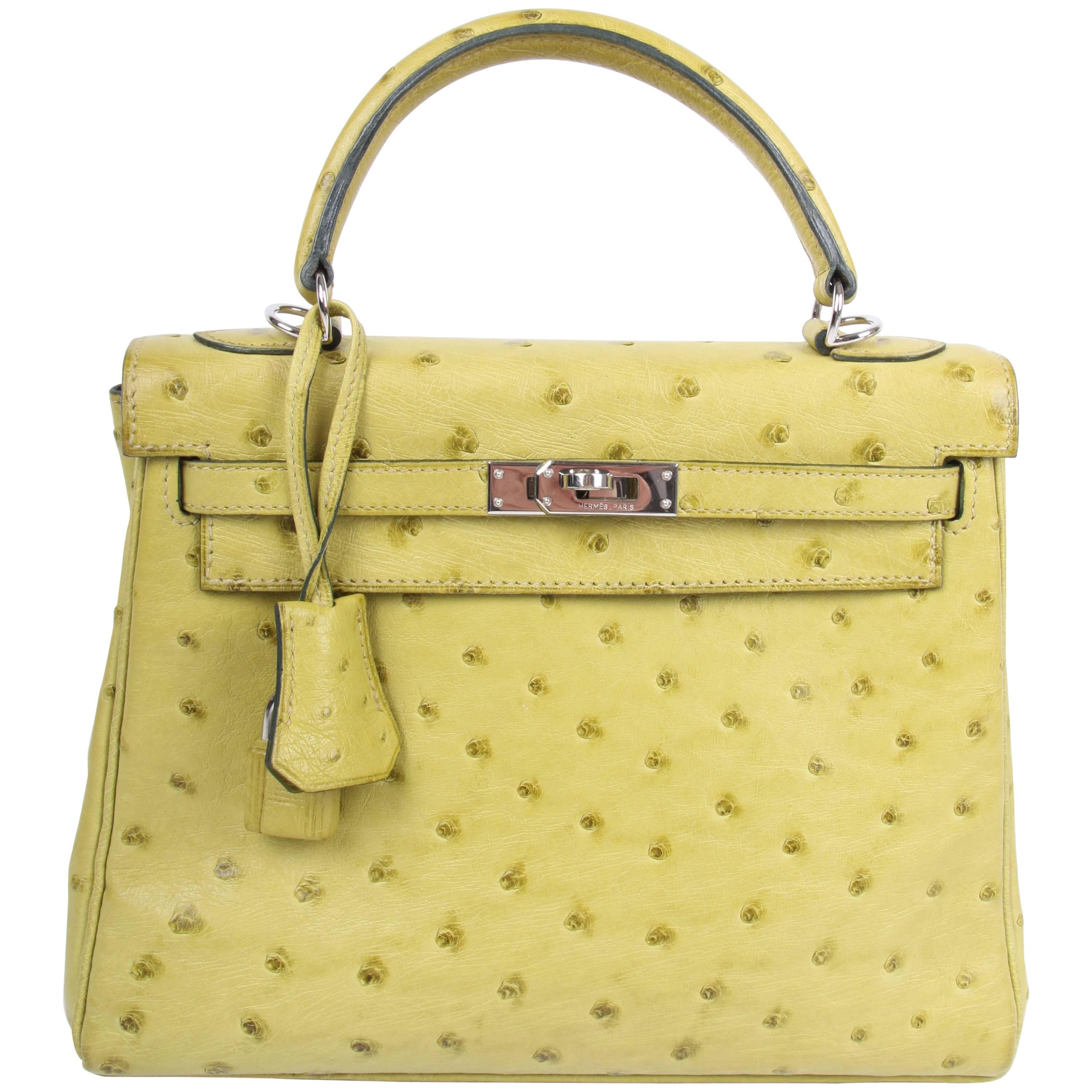 Hermes lime green 25 Ostrich Leather Kelly Bag