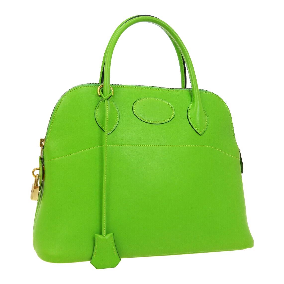 Hermes Lime Green Leather Carryall Gold Top Handle Satchel Tote Shoulder Bag