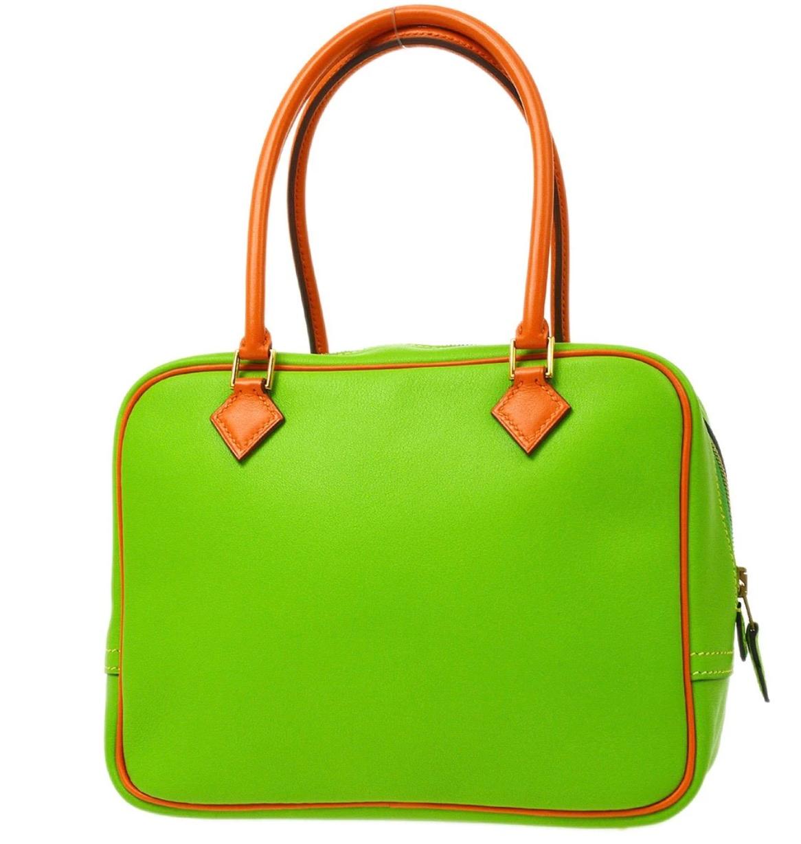 Hermes Lime Green Orange Leather Small Gold Evening Top Handle Satchel Bag In Good Condition In Chicago, IL