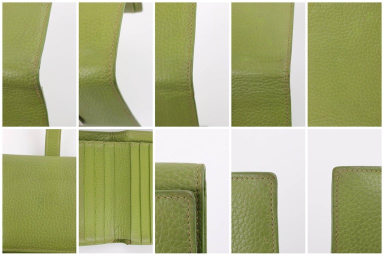 HERMES Lime Green Pebbled Leather "H" Logo Closure Trifold Wallet at