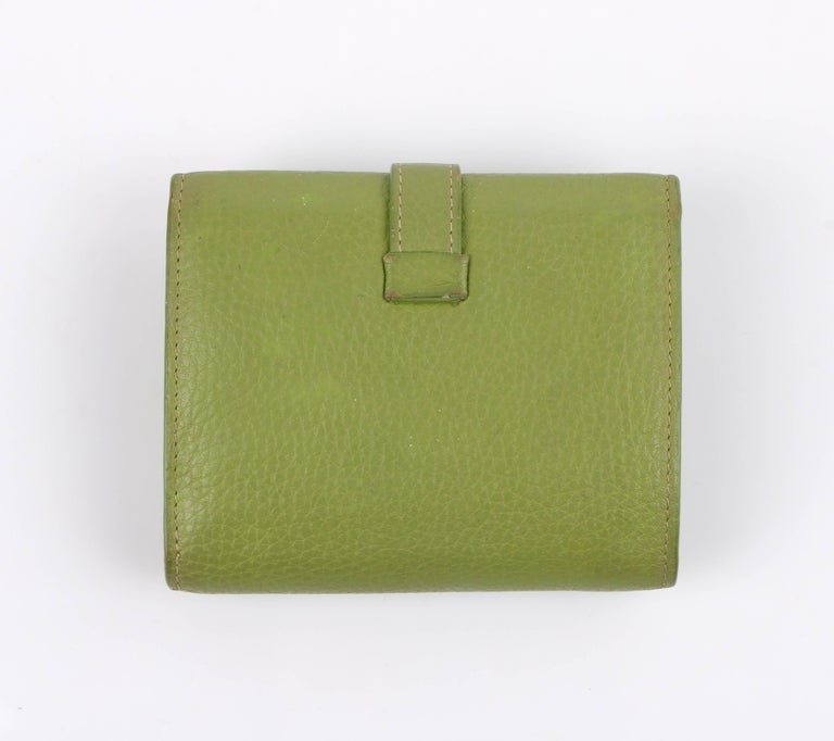 HERMES Lime Green Pebbled Leather "H" Logo Closure Trifold Wallet at