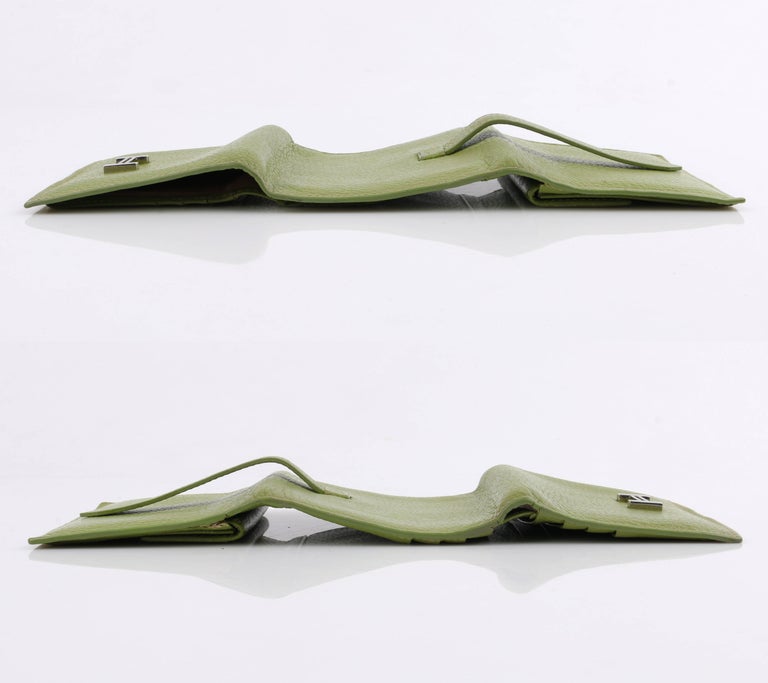 HERMES Lime Green Pebbled Leather "H" Logo Closure Trifold Wallet at