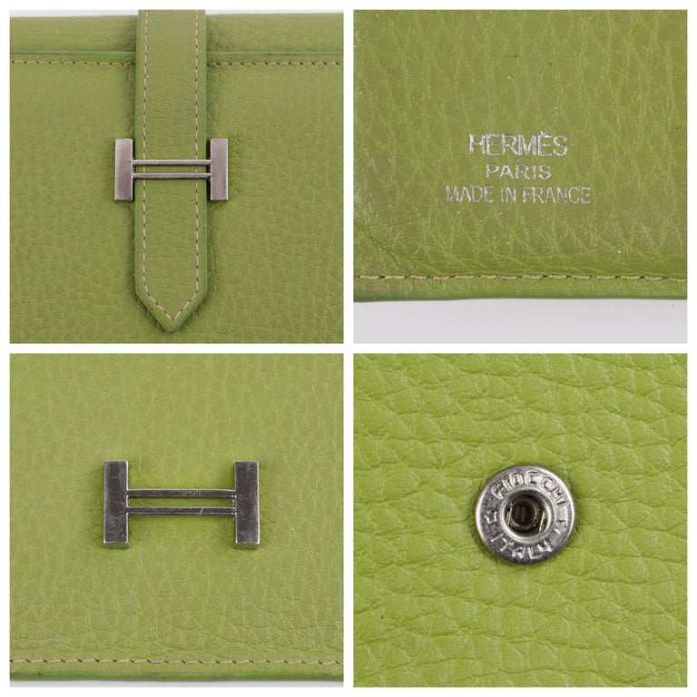HERMES Lime Green Pebbled Leather "H" Logo Closure Trifold Wallet at