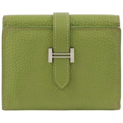 HERMES Lime Green Pebbled Leather "H" Logo Closure Tri-fold Wallet