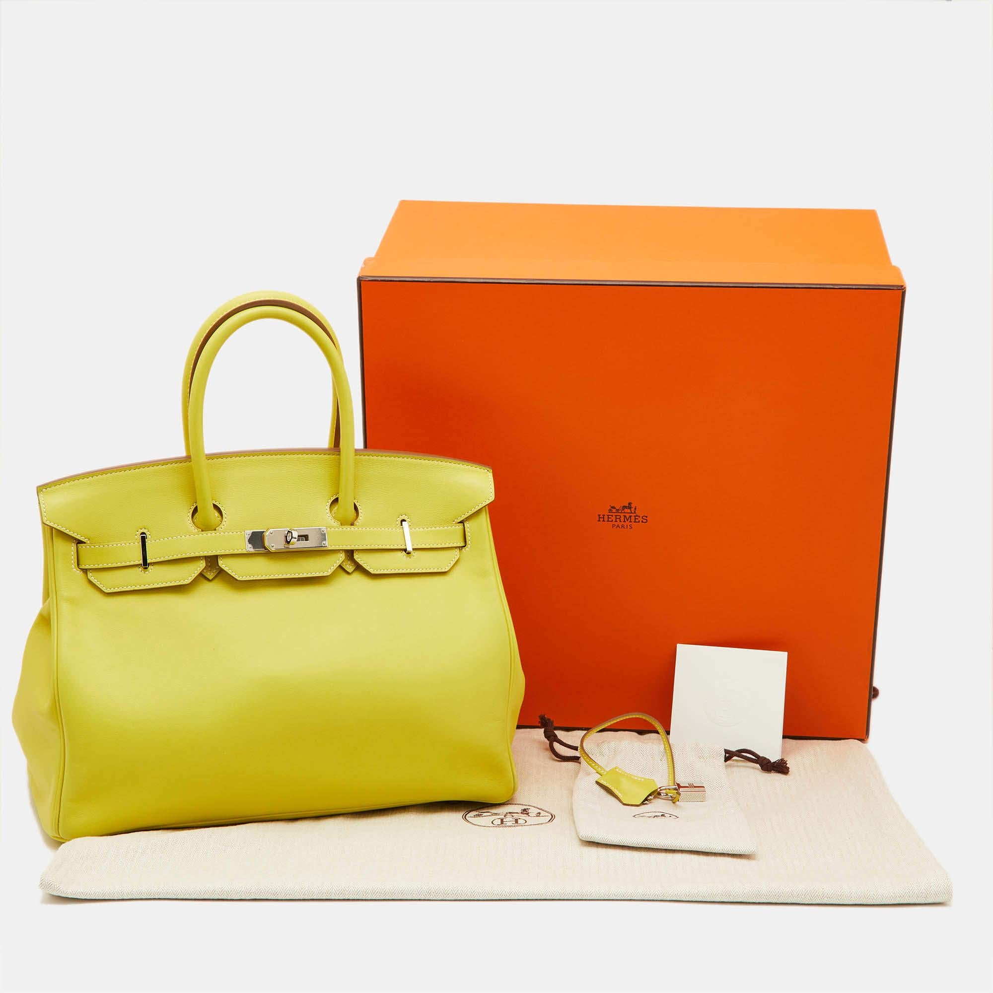 Hermes Lime Swift Leather Palladium Finish Birkin 35 Bag For Sale 6