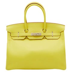 Sac Birkin 35 Hermes en cuir Lime Swift avec finition Palladium