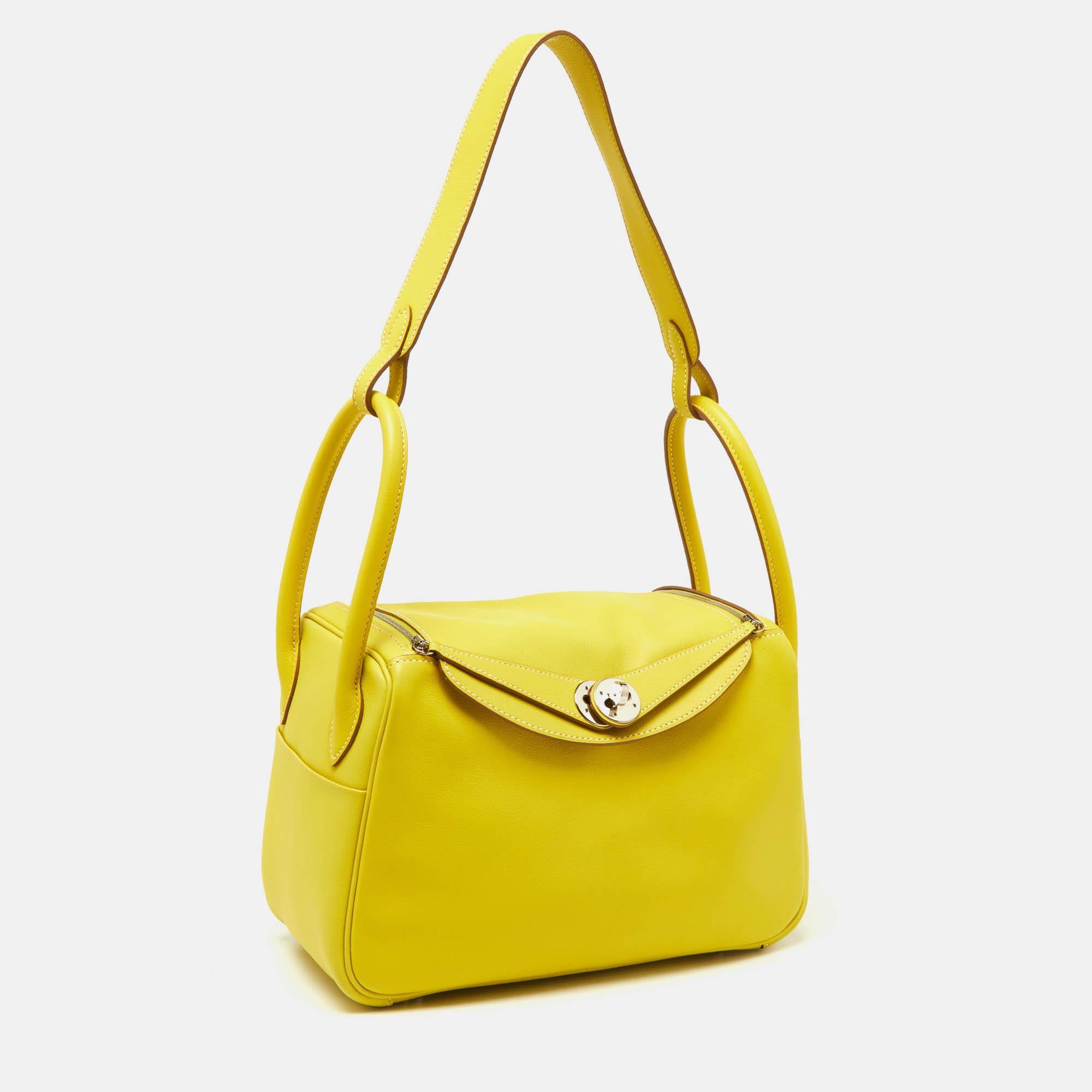 Yellow Hermès Lime Swift Leather Palladium Finish Lindy 26 Bag