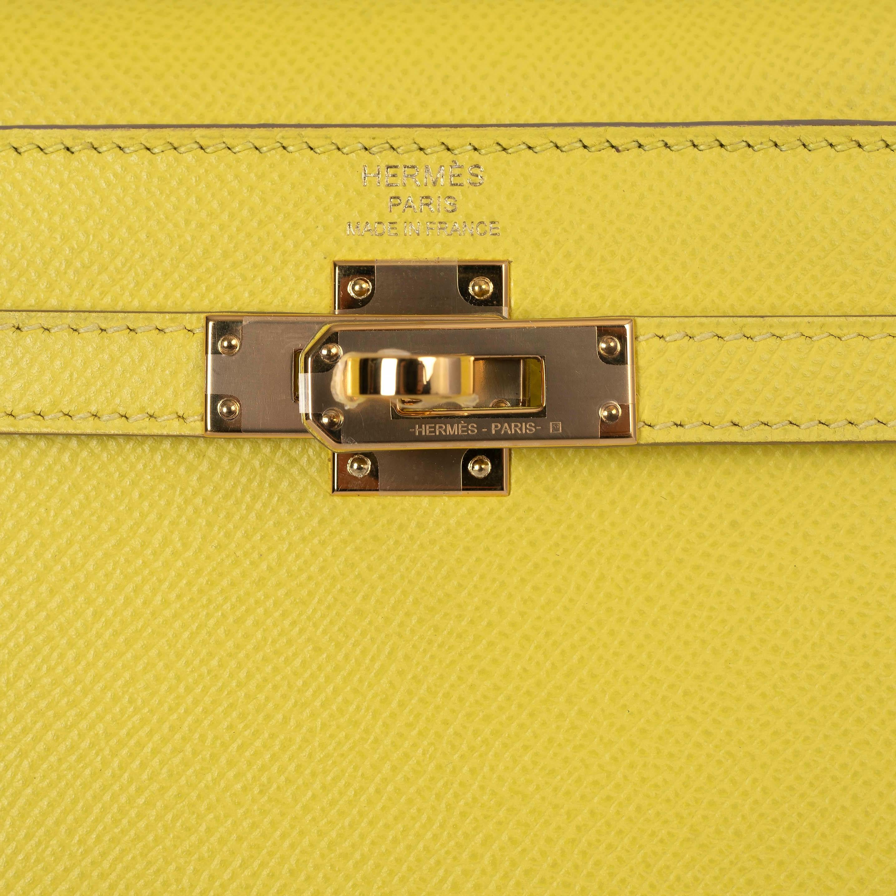 Women's HERMES Lime yellow Epsom leather KELLY 25 SELLIER Bag Ghw For Sale