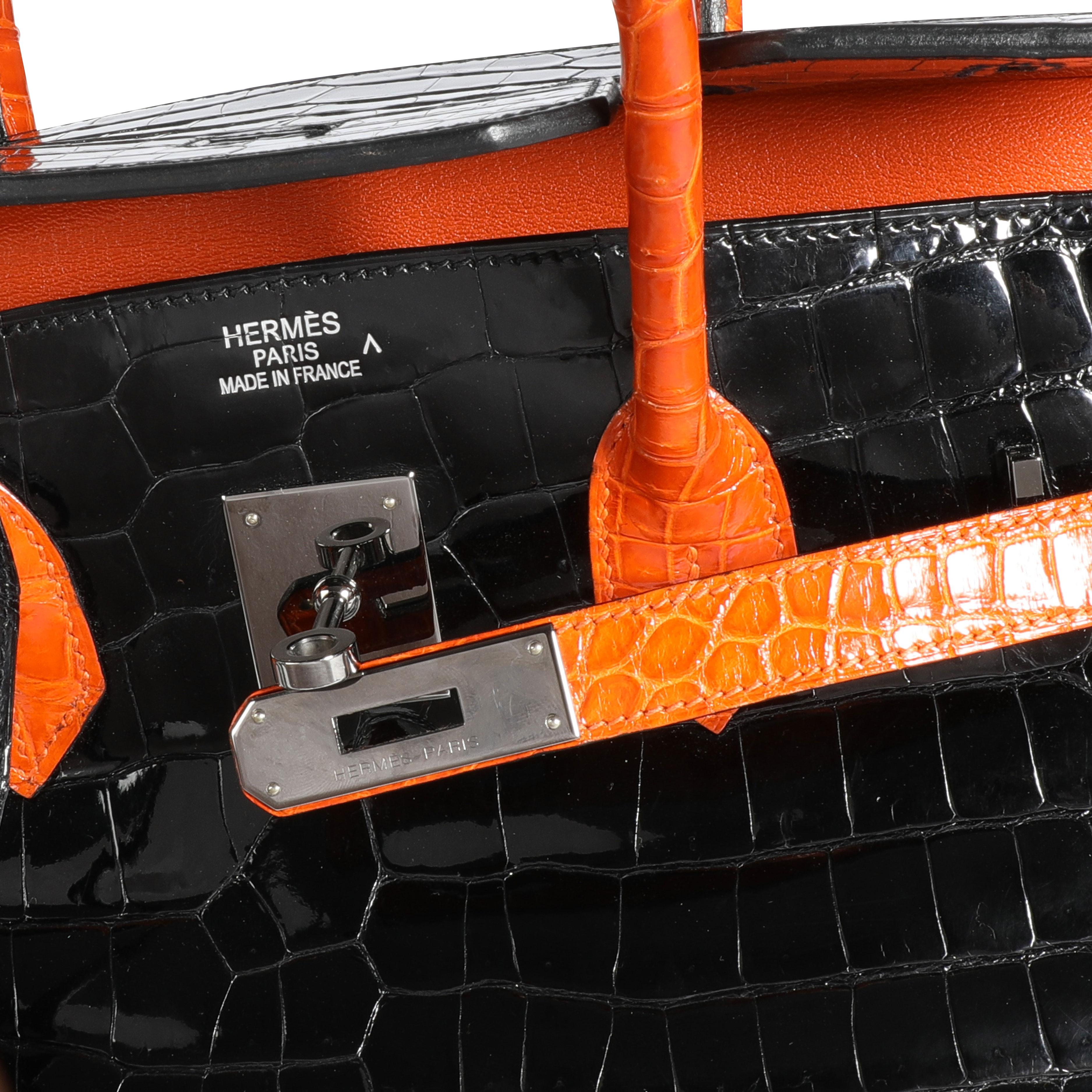 Hermès Limited Edition Black & Orange Shiny Porosus Crocodile Birkin 35 PHW
SKU: 110762

Handbag Condition: Very Good
Condition Comments: Very Good Condition. Light marks to exterior skin. Scratching to hardware. Pen mark on interior.

Brand: