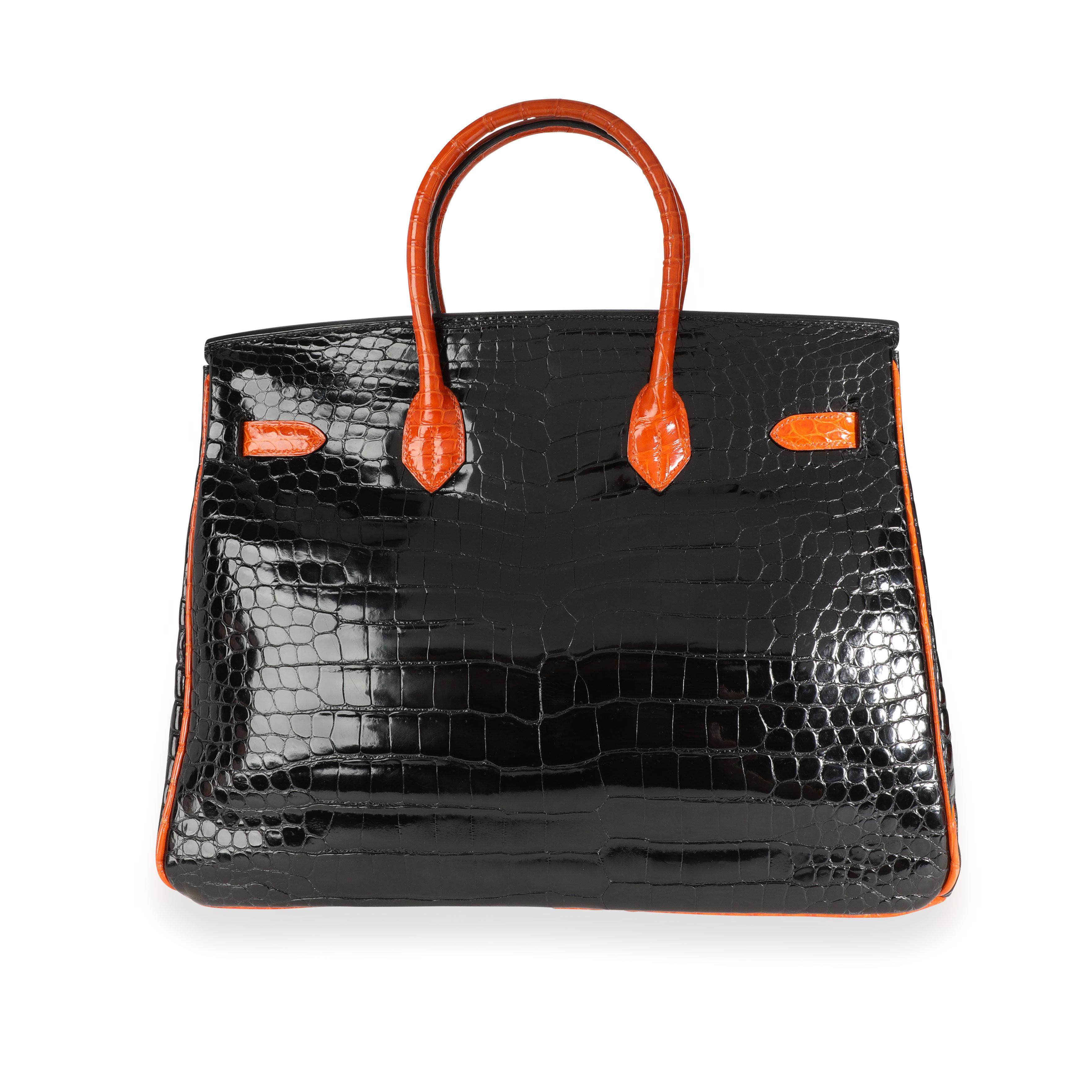 Hermès Limited Edition Black & Orange Shiny Porosus Crocodile Birkin 35 PHW In Good Condition In New York, NY