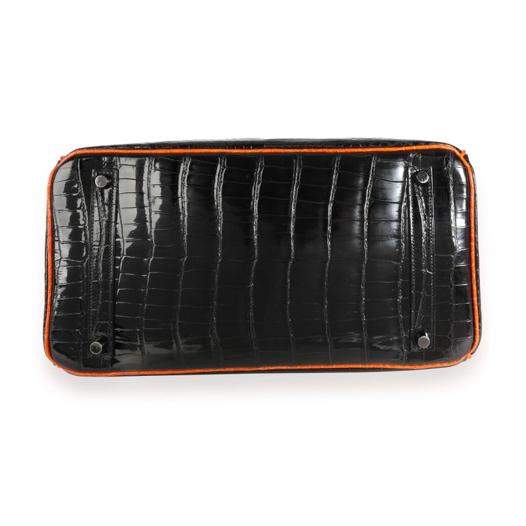 Hermès Limited Edition Black & Orange Shiny Porosus Crocodile Birkin 35 PHW For Sale 3