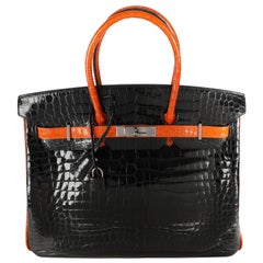 Hermès Limited Edition Black & Orange Shiny Porosus Crocodile Birkin 35 PHW