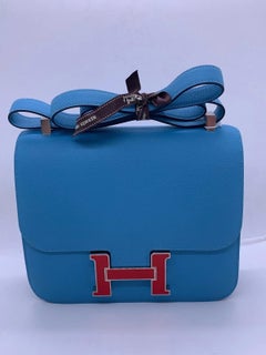 Hermès Limited Edition Blue Epsom Constance 24 Red Enamel H Clasp