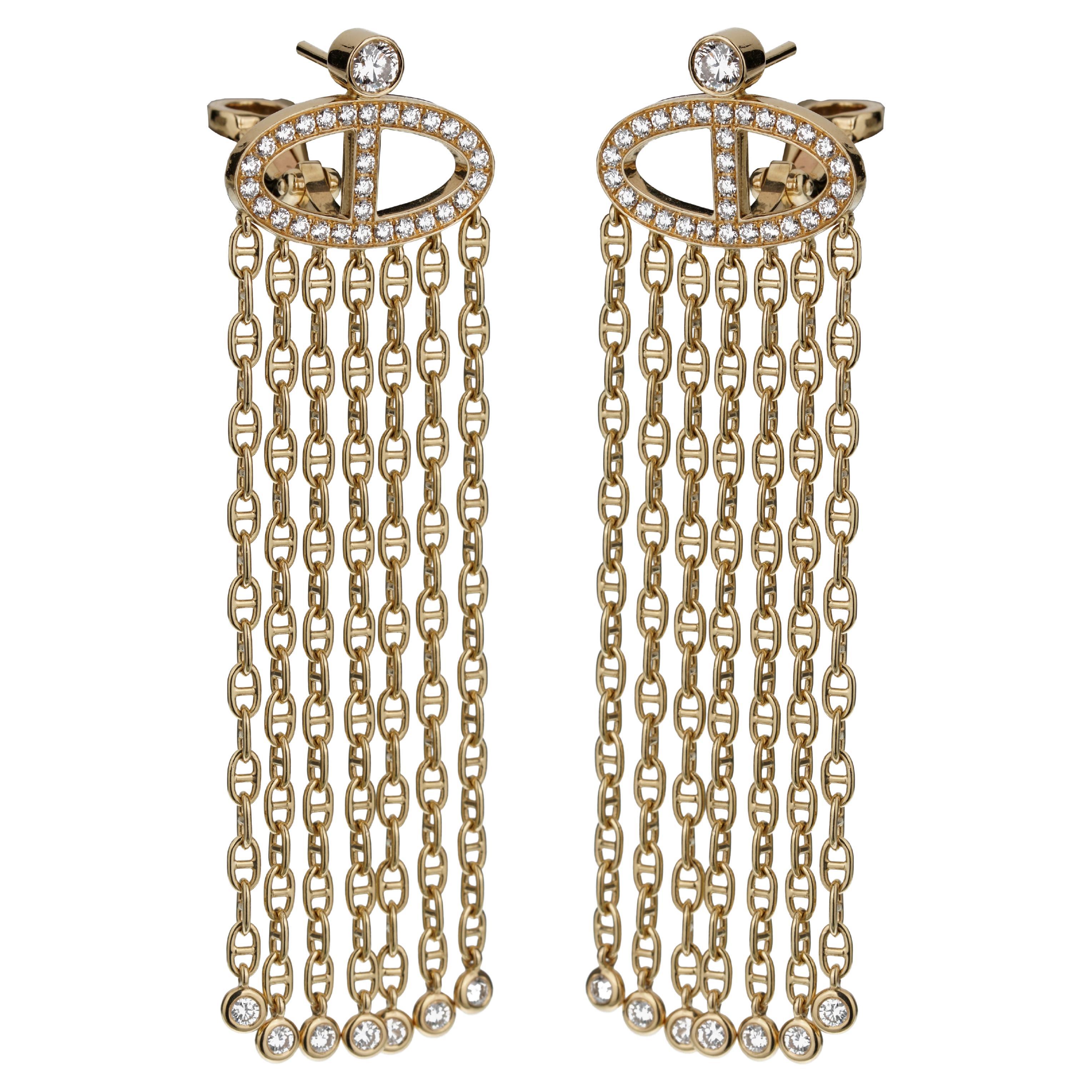 Hermès Limited Edition Chaine d'Ancre Yellow Gold Diamond Drop Earrings For Sale