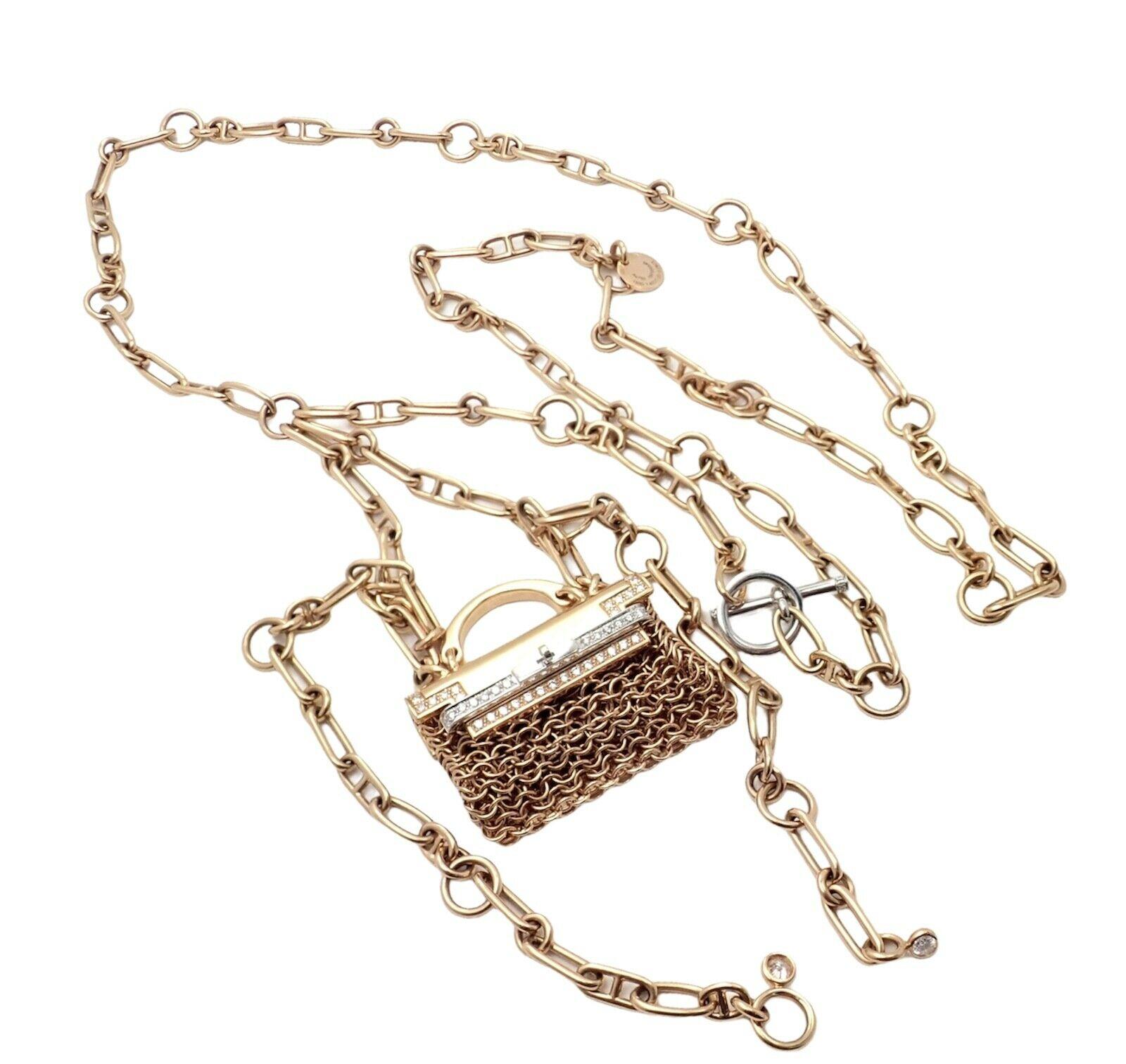 Hermes Limited Edition Diamond Precieux Kelly Toggle Rose Gold Pendant Necklace 3