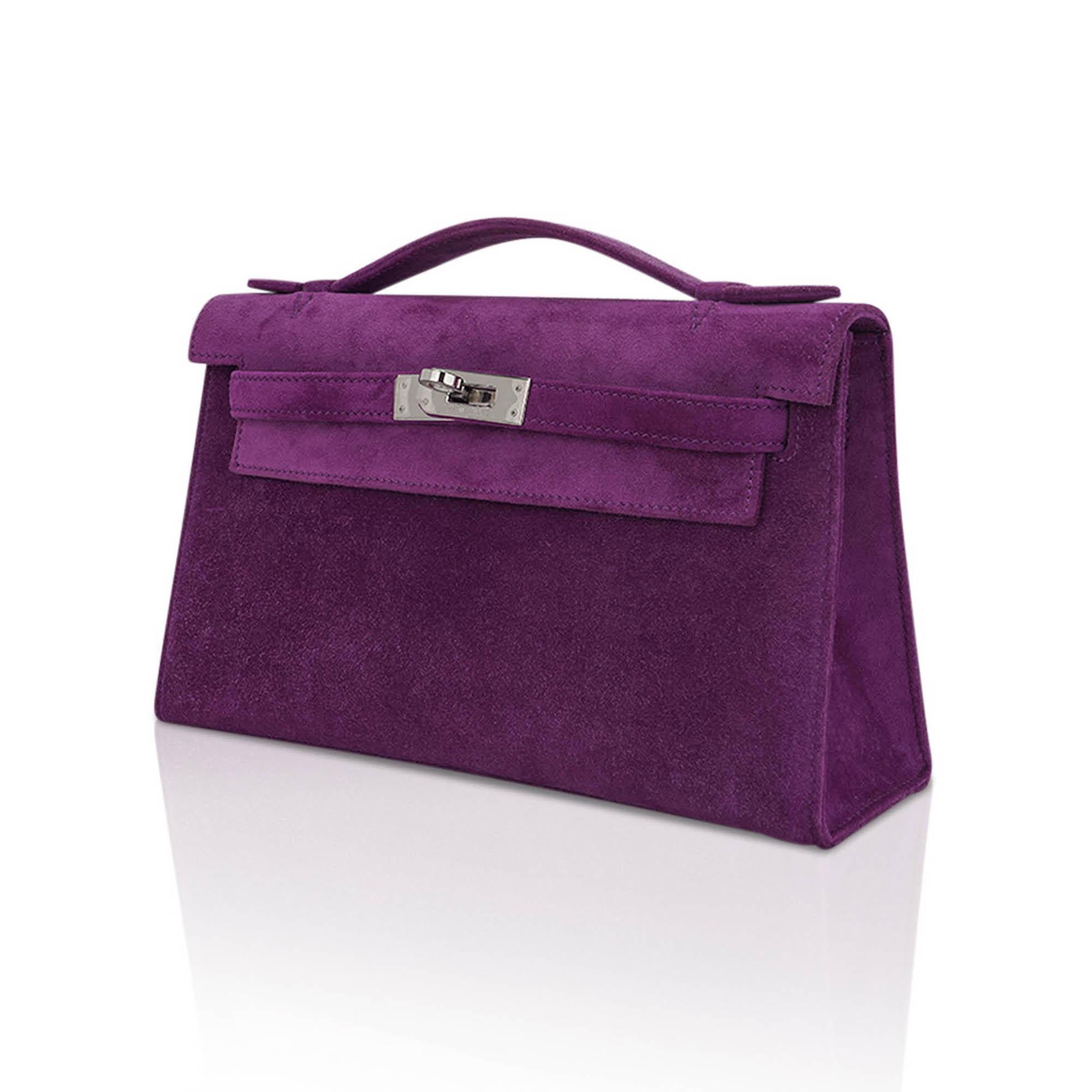 Hermes Limited Edition Kelly Pochette Violet Doblis Clutch Bag Palladium In Excellent Condition For Sale In Miami, FL