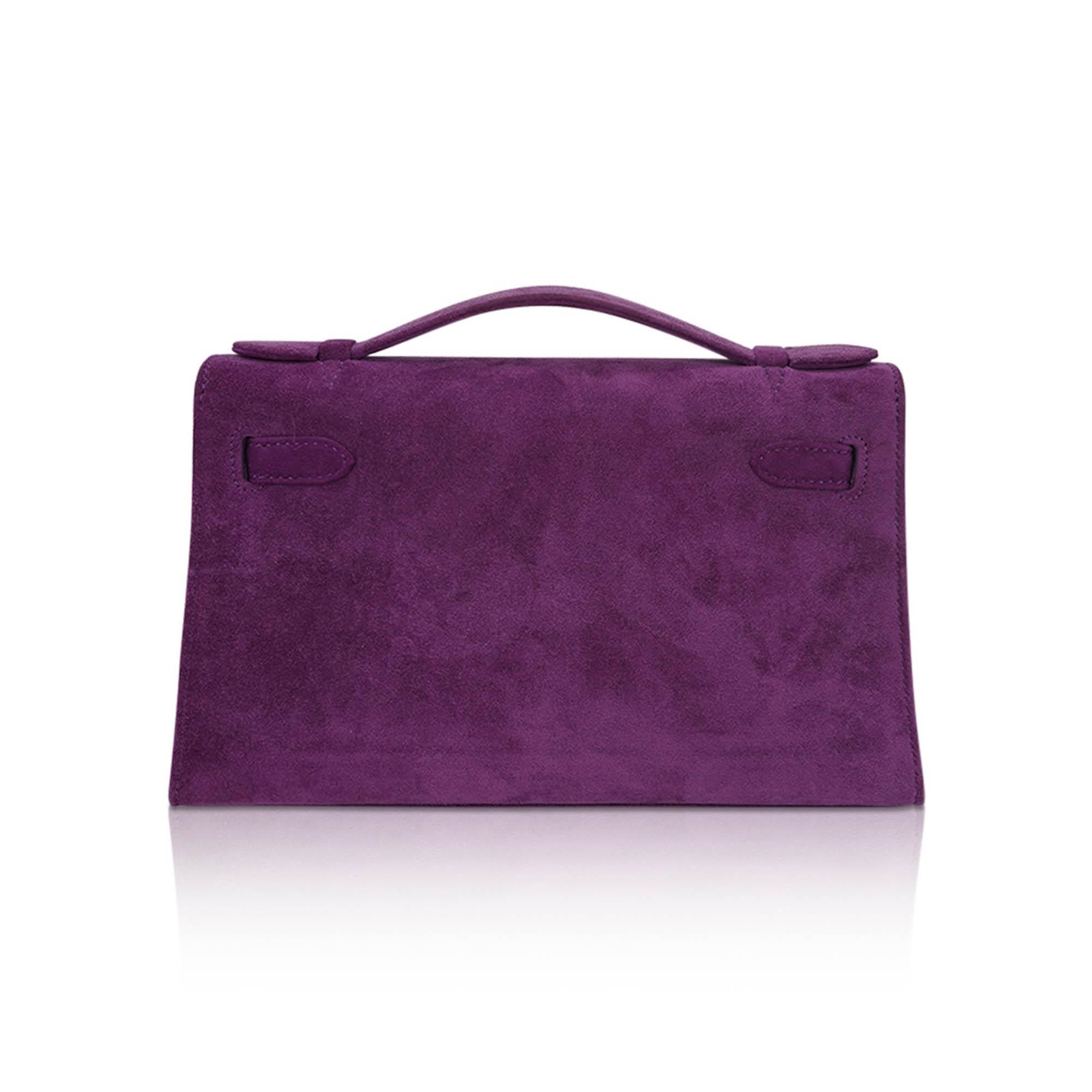 Hermes Limited Edition Kelly Pochette Violet Doblis Clutch Bag Palladium For Sale 1